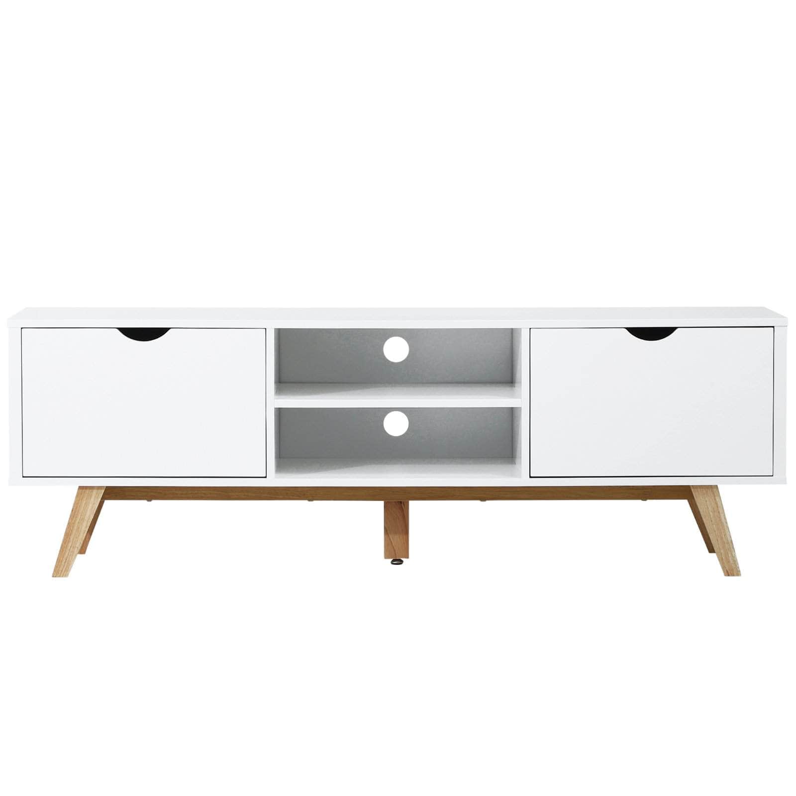 White TV Stand with 2 Cabinets & Shelves - Modern Entertainment Center for Living Room & Home Theater Setup