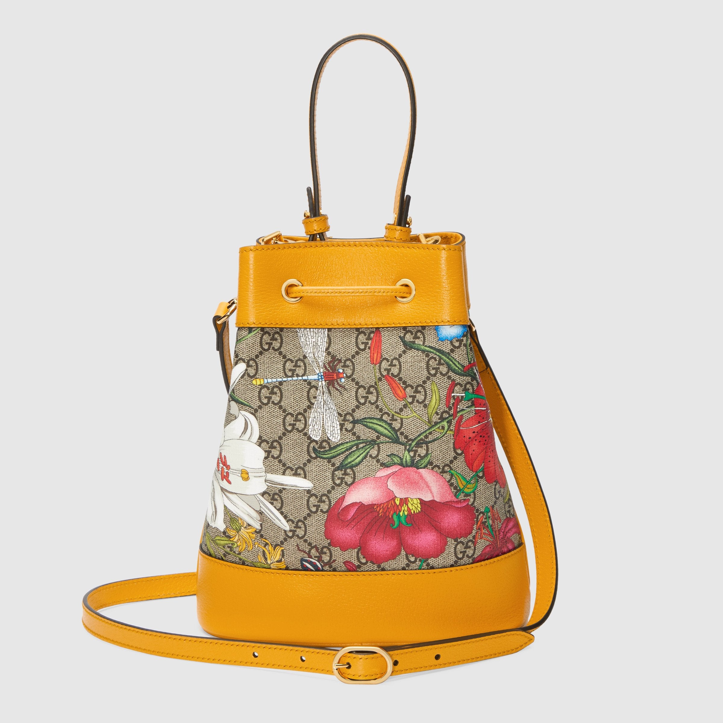 Gucci Ophidia GG Flora Small Bucket Bag in Yellow | Luxury Crossbody Handbag for Women | Perfect for Date Night, Travel & Everyday Use