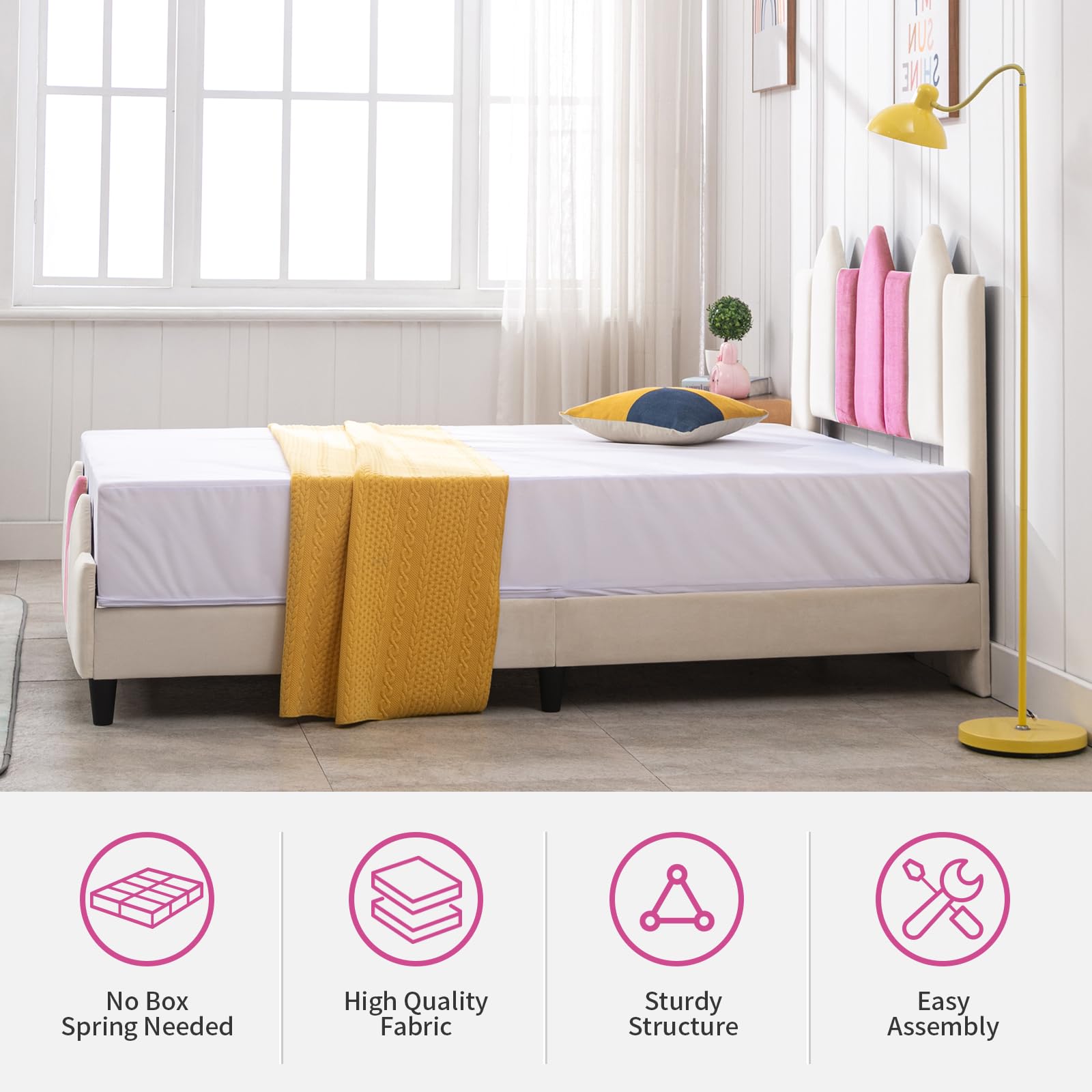 **Full Size Kids Bed Frame with Headboard - Upholstered Platform Bed for Girls & Teens, No Box Spring Needed, Easy Assembly (Pink/White) - Perfect for Bedrooms, Dorms & Playrooms**