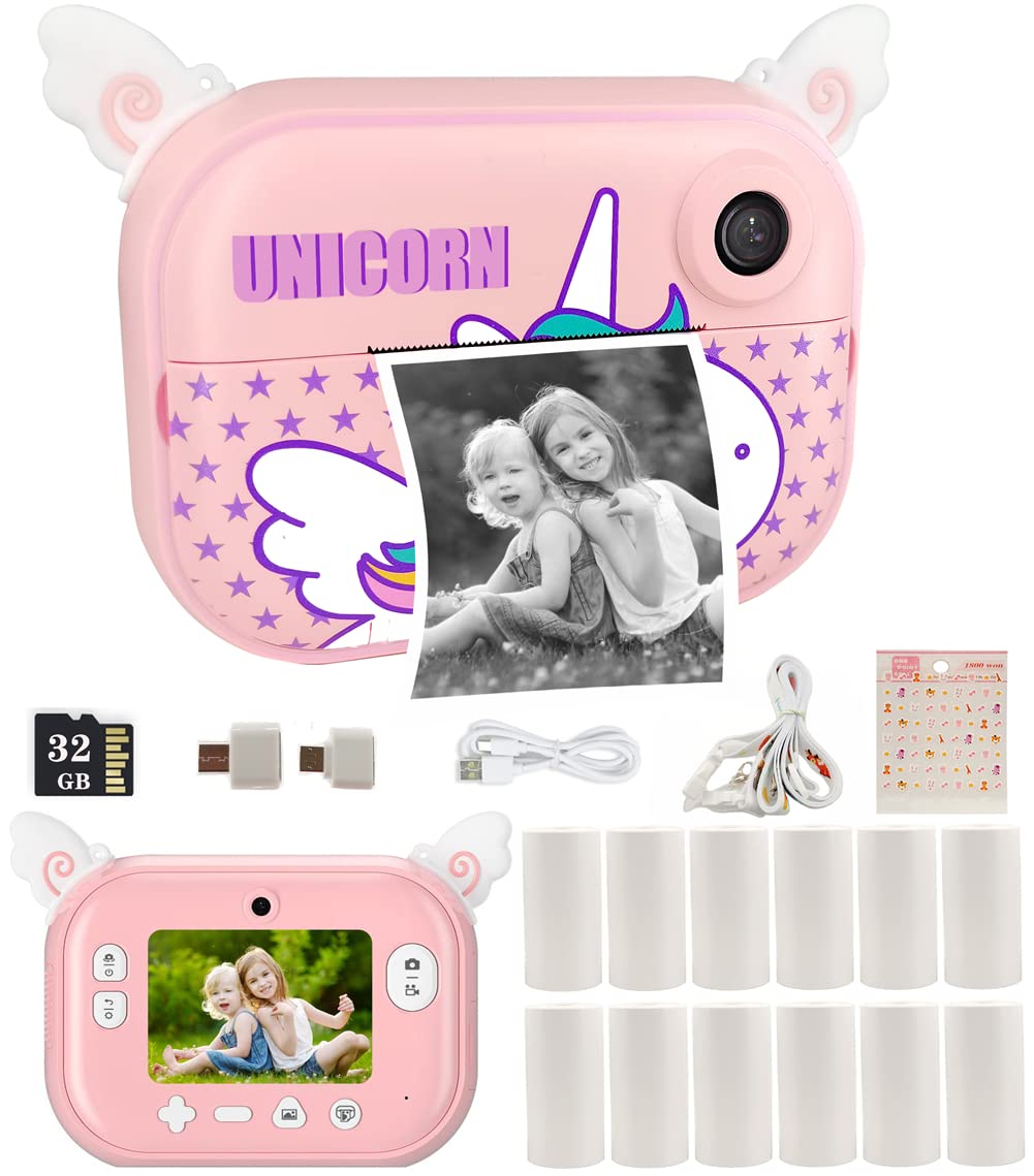 Kids Instant Print Camera with 12 Rolls Refill Paper - Digital Toy Camera for Girls & Toddlers - Pink Photo Printer with 32GB SD Card - Perfect Christmas & Birthday Gift for Children - Capture Memories at Parties, Travel & Family Events