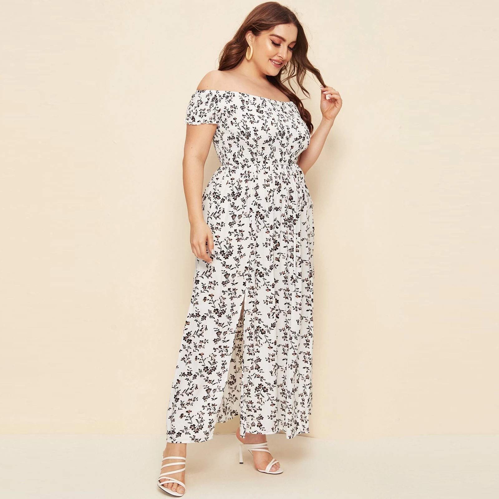 Plus Size Women's Floral Summer Dress - Off Shoulder Shirred Bodice & Thigh Split Design - Casual Boho Maxi Dress for Beach, Vacation & Date Night