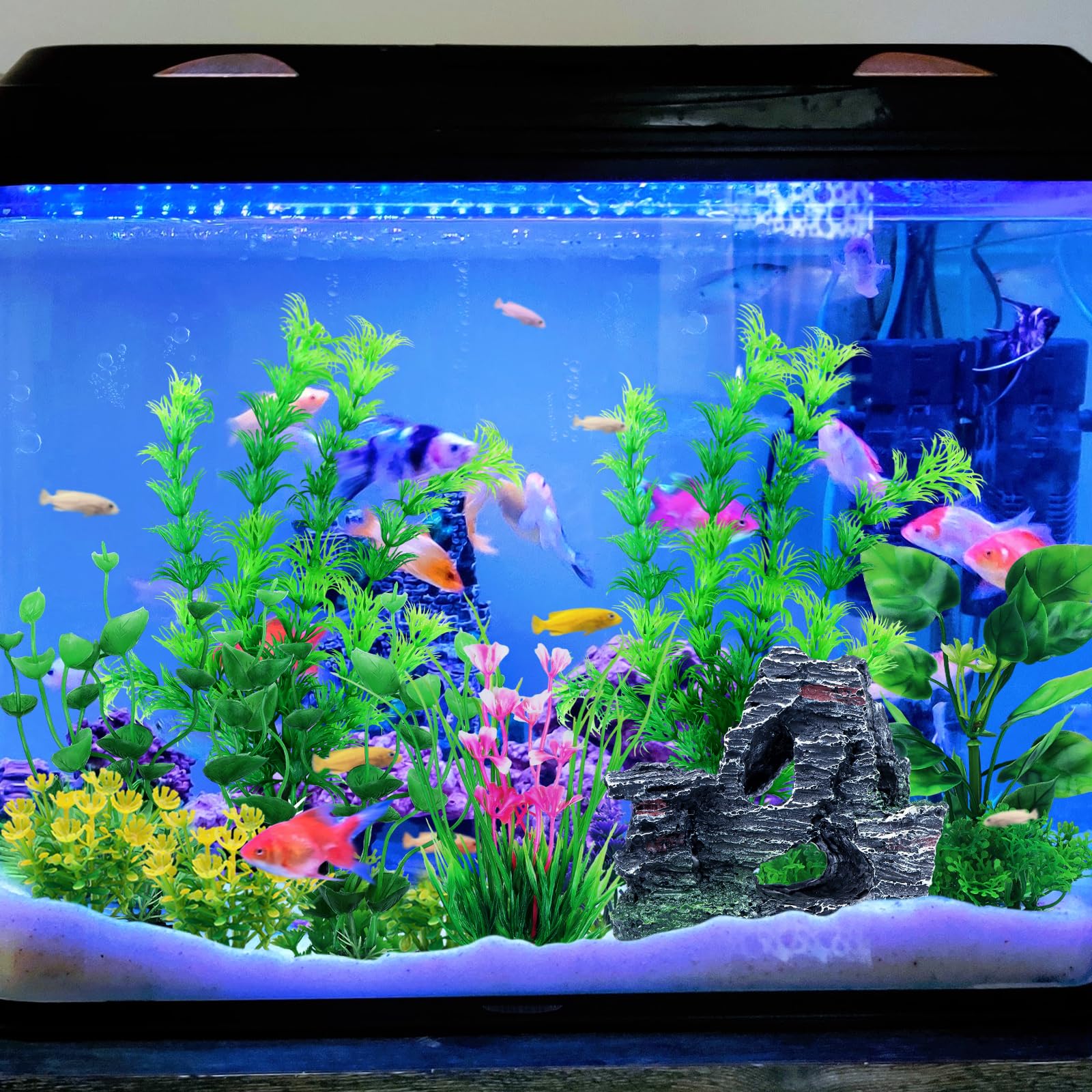 9pcs Artificial Aquarium Plants with Cave Rock Decor Set - Green Plastic Fish Tank Plants for Aquascaping & Betta Fish Habitat | Perfect for Freshwater Tanks, Home & Office Aquarium Decorations