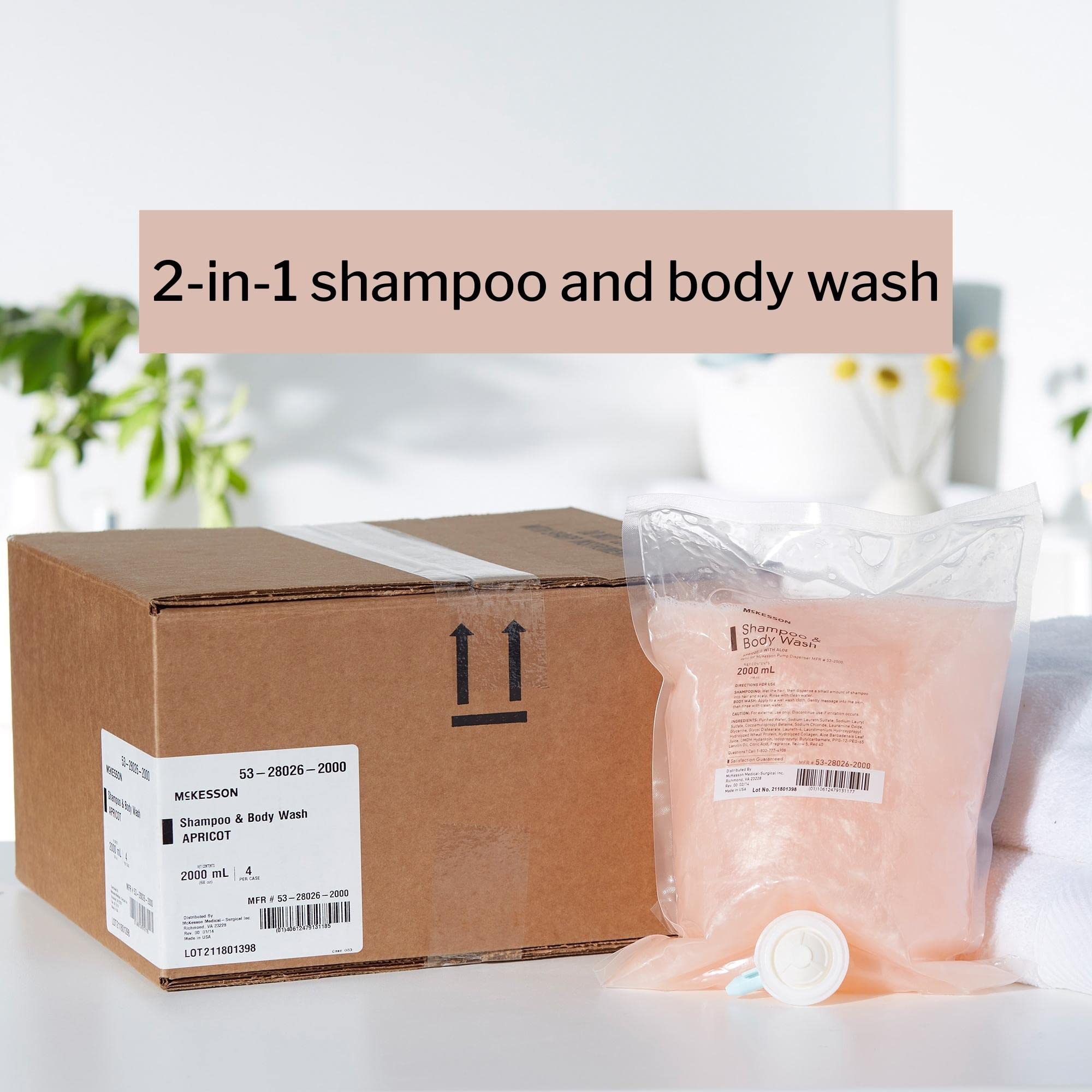 McKesson Apricot Scented Body Wash and Shampoo Refill Bag - 2000 mL (4 Pack) | Gentle Cleansing for Sensitive Skin, Ideal for Hospitals, Nursing Homes & Home Care Use