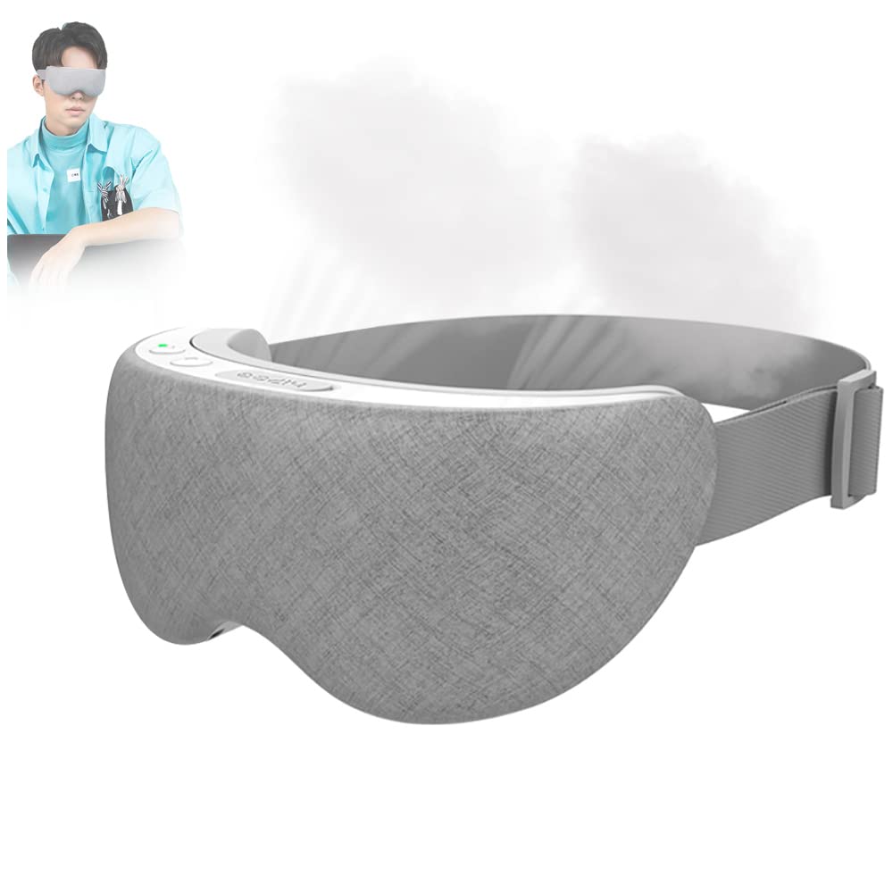 Rechargeable 1000mAh Eye Steamer for Dry Eyes Relief - Bluetooth Music Steam Eye Mask with Portable Eye Sprayer - Reduce Eye Strain, Dark Circles & Puffy Eyes - Improve Sleep & Relaxation - Grey - Perfect for Office, Travel & Home Use
