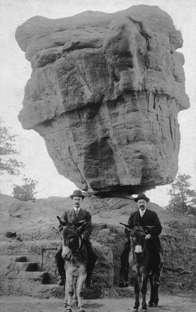 Colorado Springs CO Garden of the Gods Balanced Rock Men on Burros Vintage Photo - 12x18 Wall Art Poster for Home Office Decor, Western Theme Room Decoration, Unique Travel Souvenir Gift