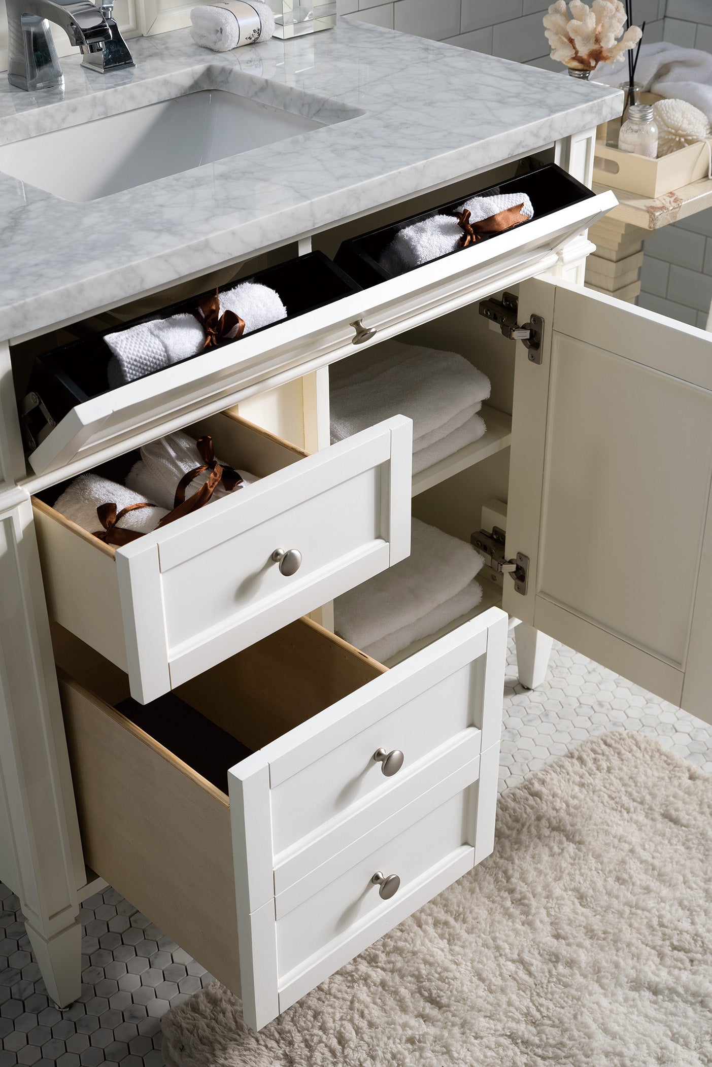 Brittany 36-Inch Bright White Bathroom Vanity with 3CM Carrara Marble Top - Perfect for Modern Master Bathrooms & Powder Rooms