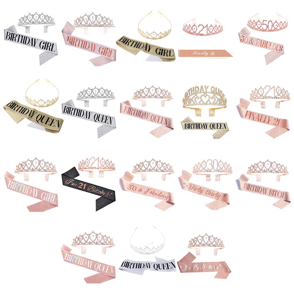 Hibye Birthday Crowns for Women - CIEHER Rhinestone Tiara & Queen Sash Set, Elegant Birthday Party Accessories for Bachelorette, Bridal Shower, Birthday Celebrations