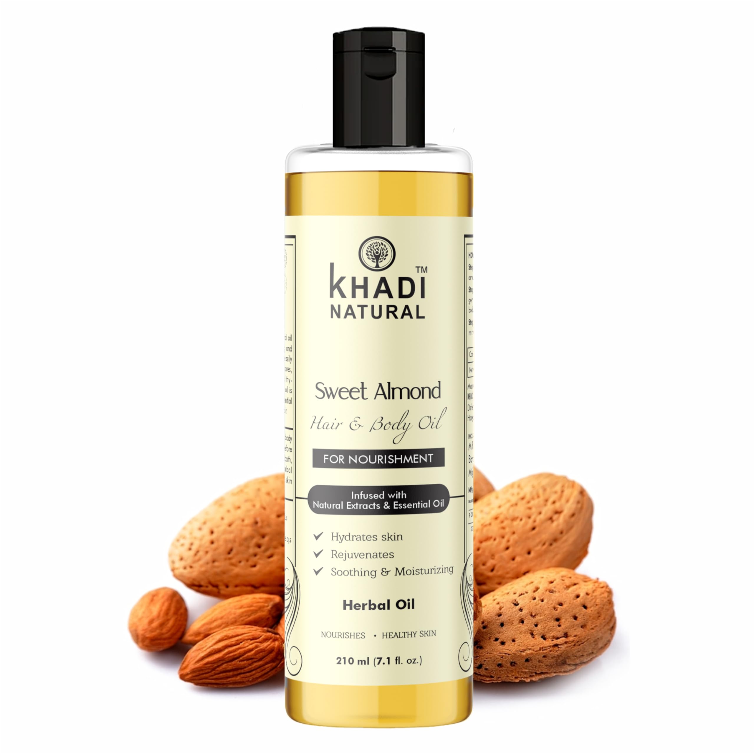 Khadi Natural Sweet Almond Oil for Hair & Body Massage - 210ml | Organic Ayurvedic Oil for Anti Hair Fall & Dandruff | Herbal Treatment for Dry Scalp & Skin Hydration | Perfect for Aromatherapy & DIY Beauty Recipes