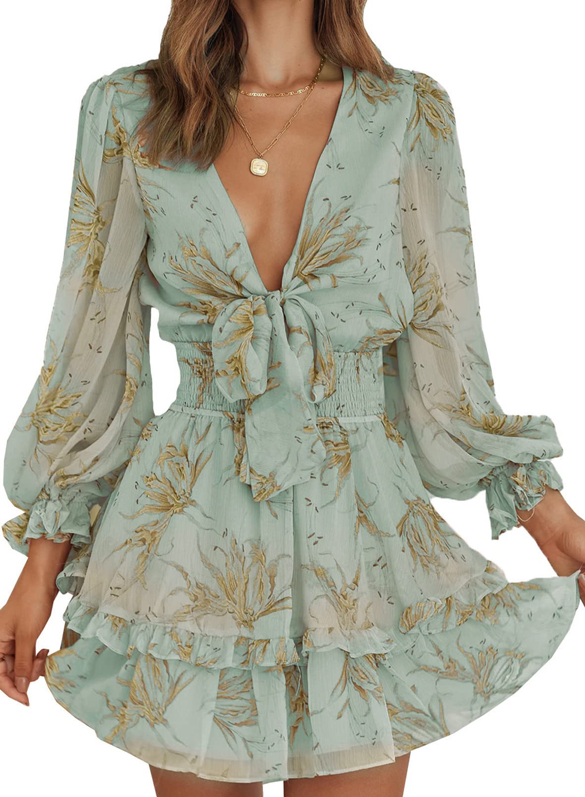 Happy Sailed Women's Stylish Printed Long Sleeve Front Tie Knot Ruffled Mini Dress - Perfect for Summer Beach Vacations, Date Nights & Casual Outings