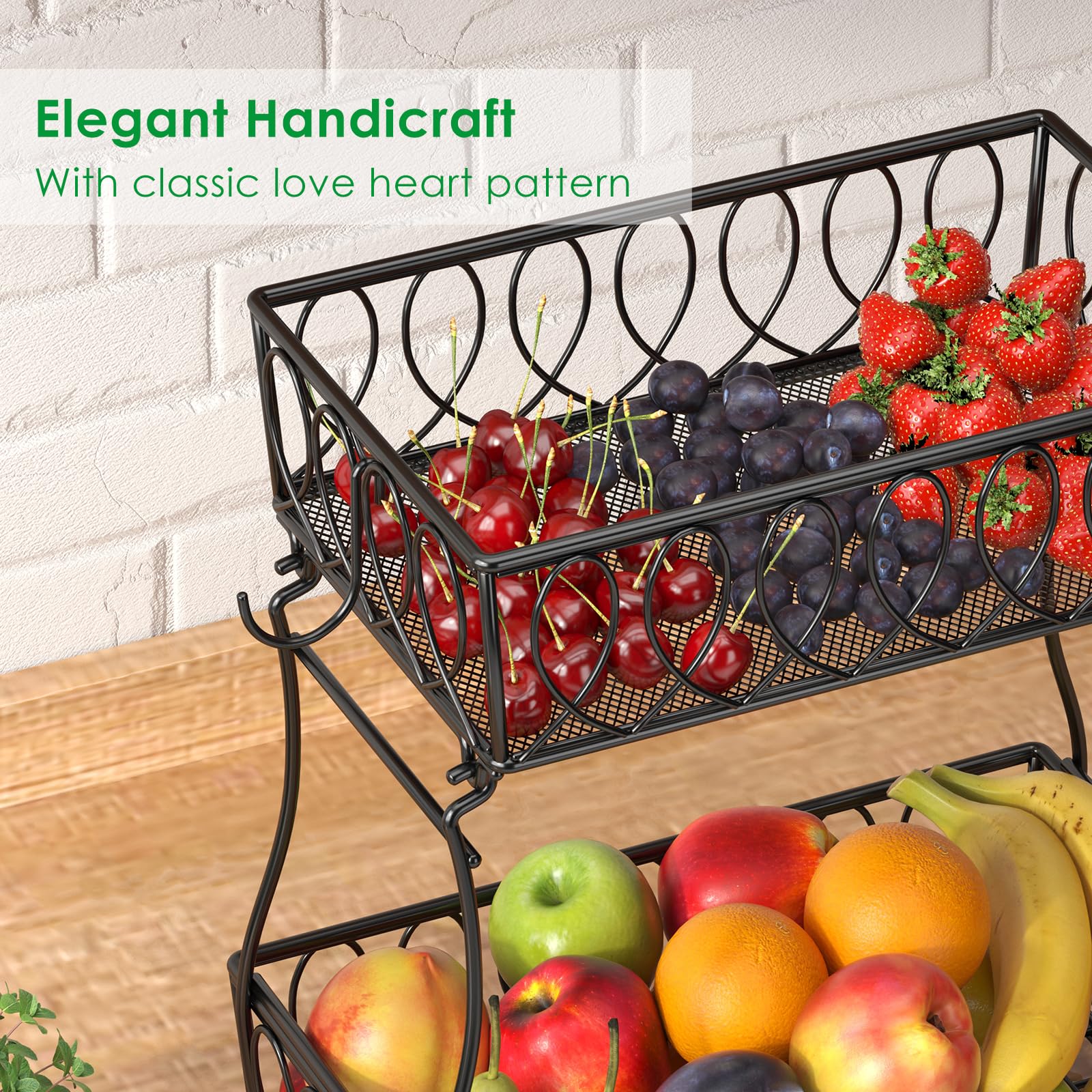 2-Tier Countertop Fruit Basket & Bread Bowl - 13.8-Inch Black Wire Storage Basket for Kitchen, Vegetables, Potatoes, Onions | Perfect for Pantry Organization & Countertop Display