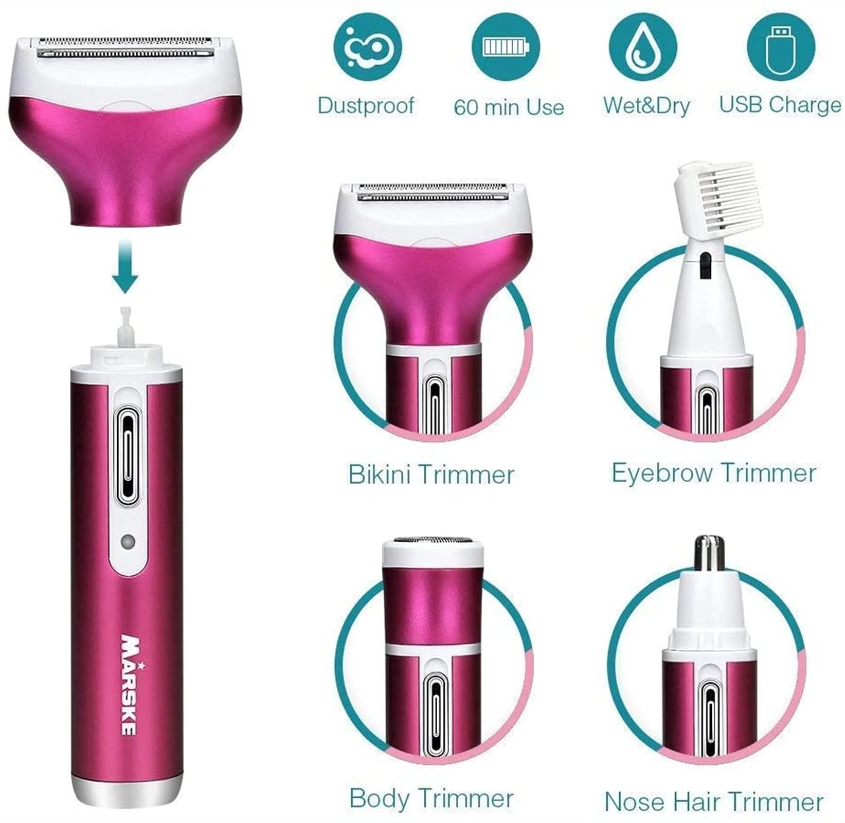 Best Electric Epilator for Women - 4-in-1 Rechargeable Hair Removal Device for Bikini, Nose, Armpit, Arms & Legs | Waterproof & Painless | Perfect for Travel, Home Use & Smooth Skin Care (Red)