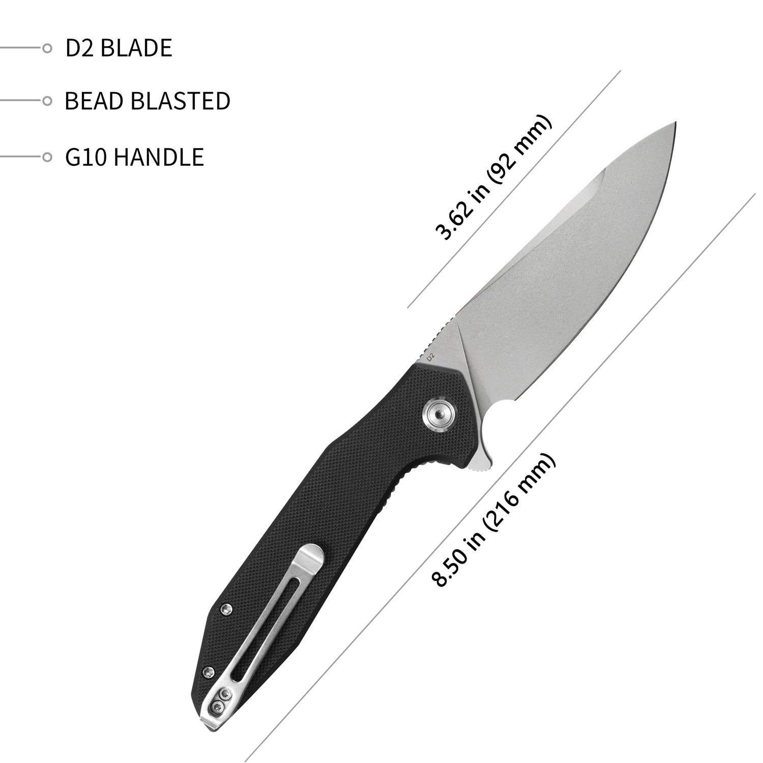 Premium Nova Liner Lock Flipper Folding Pocket Knife - Black G10 Handle, Bead Blasted D2 Steel Blade (KU117A) - EDC, Camping, Hiking & Outdoor Survival Tool