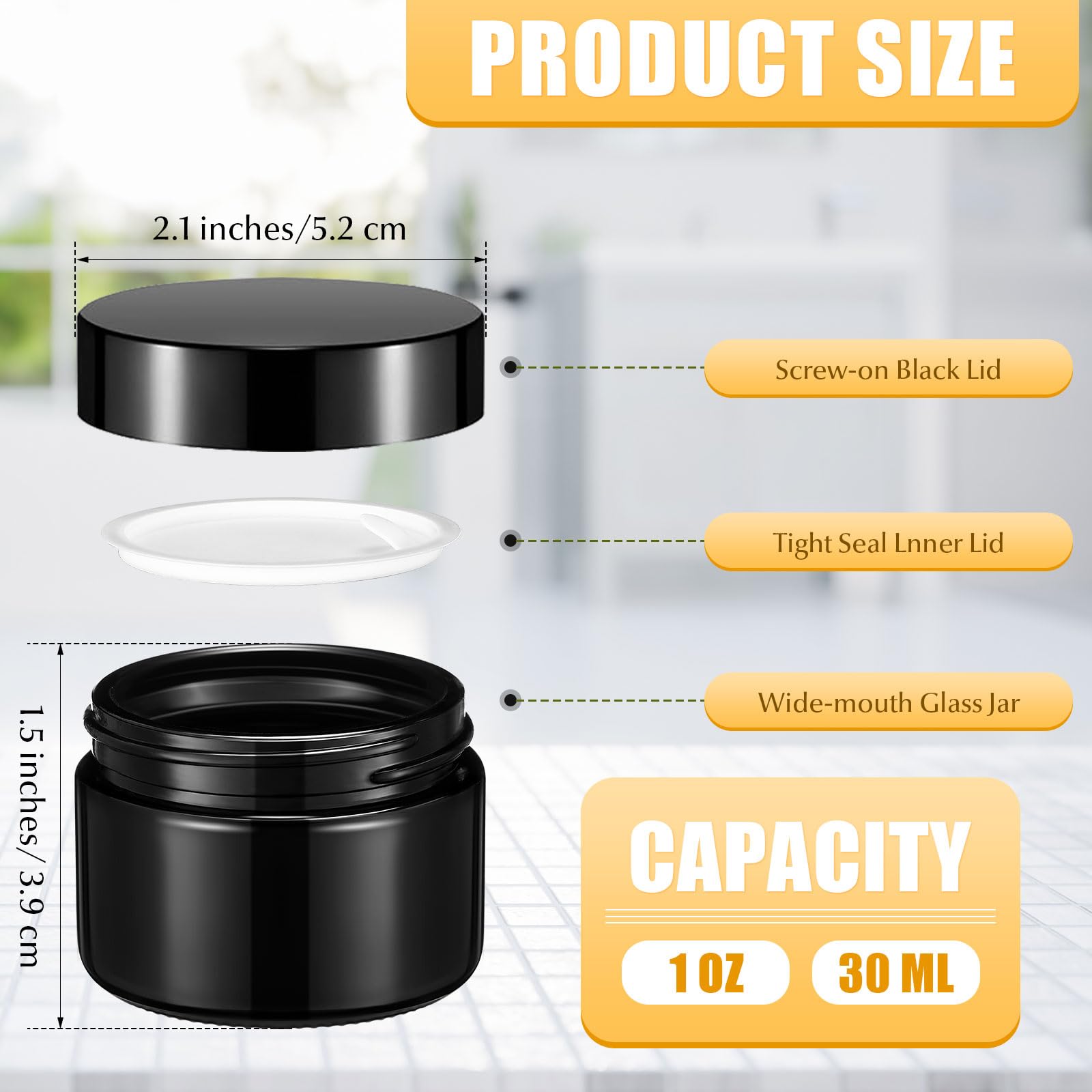 Domensi 60-Pack 1oz Glass Jars with Black Lids - Small Cosmetic Containers for Salves, Lotions, Creams & Travel-Sized Candle Making - Airtight Sample Jars with Inner Liners for DIY Beauty, Skincare & Home Fragrance Projects