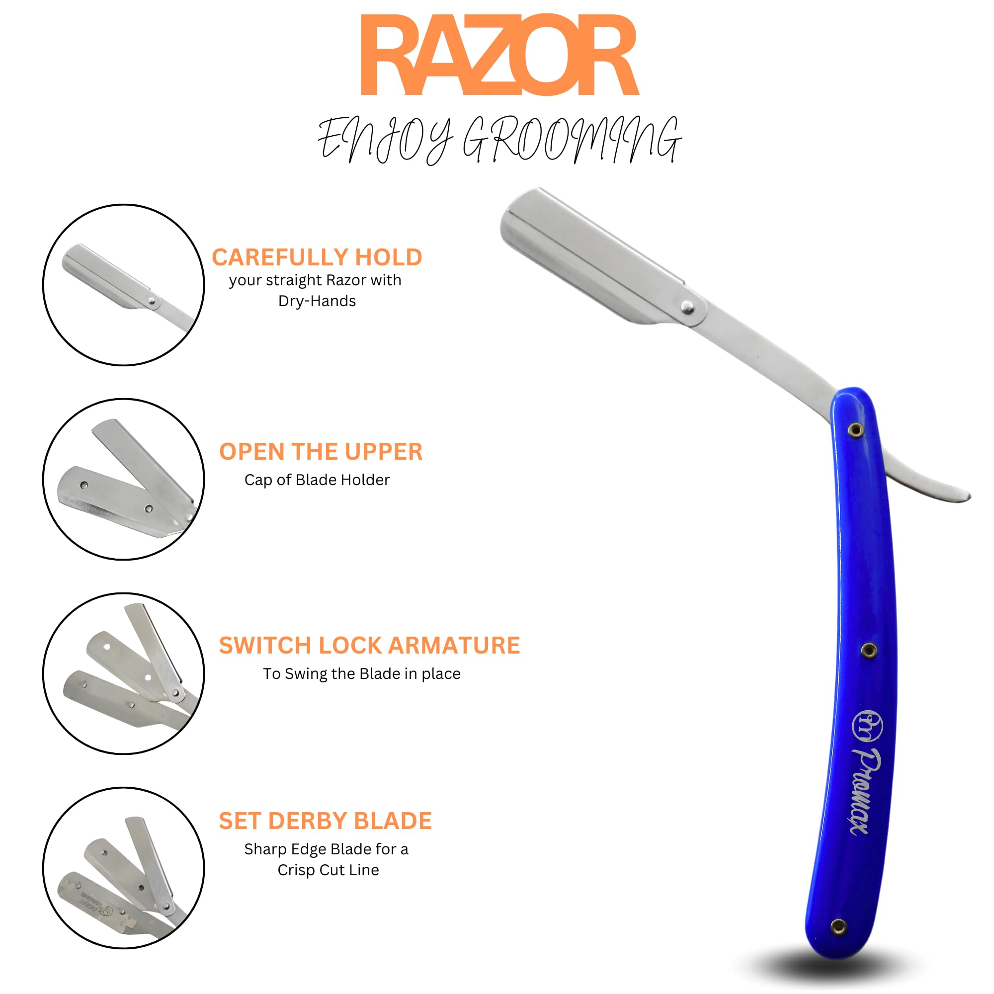 ProMax Care Professional Straight Razor for Men - Blue Non-Slip Handle with 100 Derby Blades - High-Quality Steel & Ergonomic Design - Perfect for Barber Shaving, Grooming & Personal Care at Home