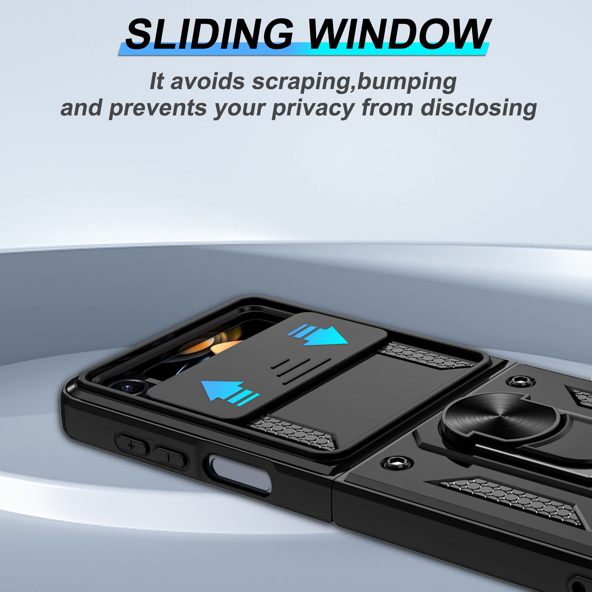 **Military Grade Samsung Galaxy Z Flip 4 Case with Slide Camera Cover & 360° Rotating Ring Kickstand - Shockproof Protective Cover for Everyday Use, Travel, and Work (Black)**