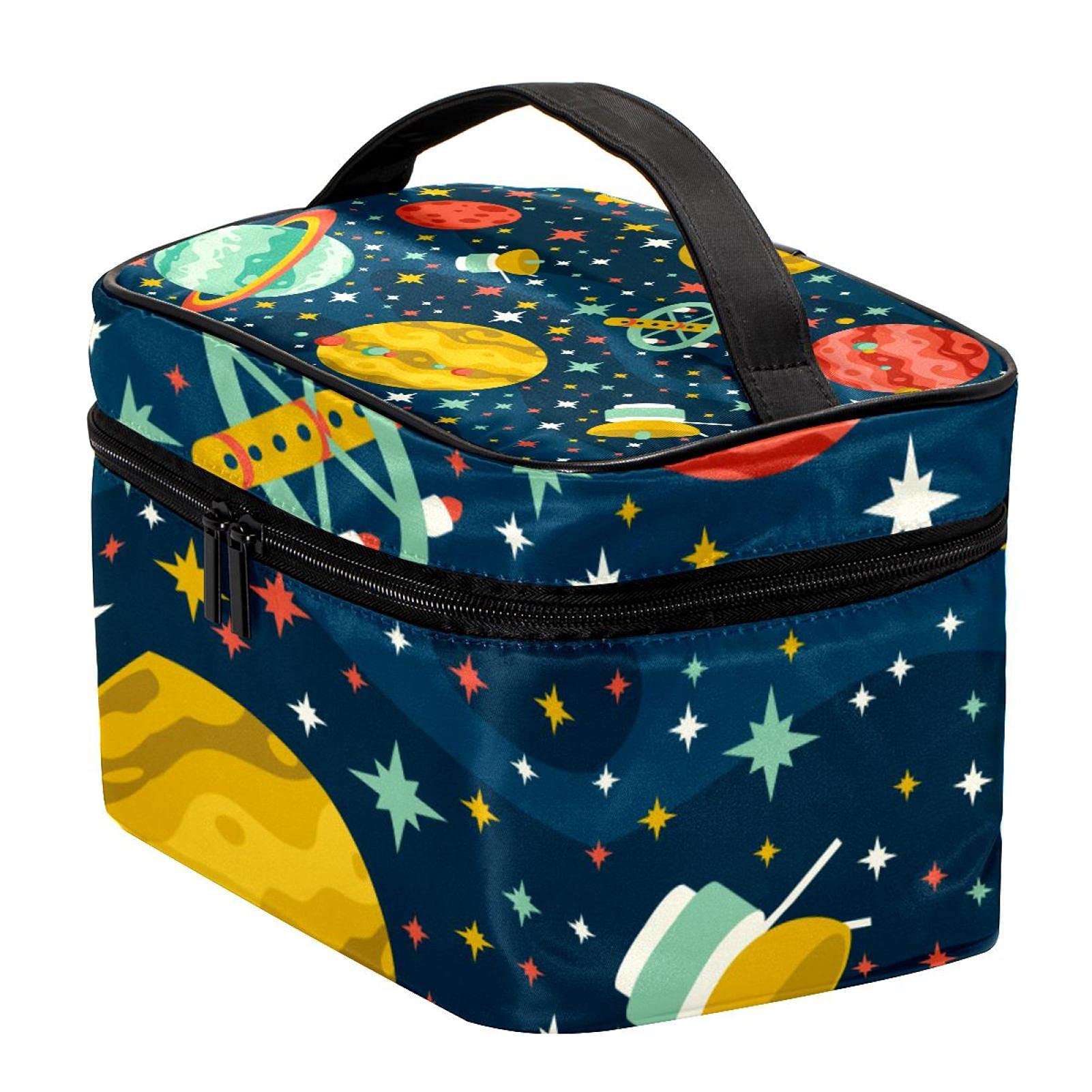 **Cartoon Space Star Planet Spaceship Travel Makeup Bag - Large Cosmetic Organizer with Zipper for Women & Girls - Perfect for Travel, Gym, and Daily Storage**