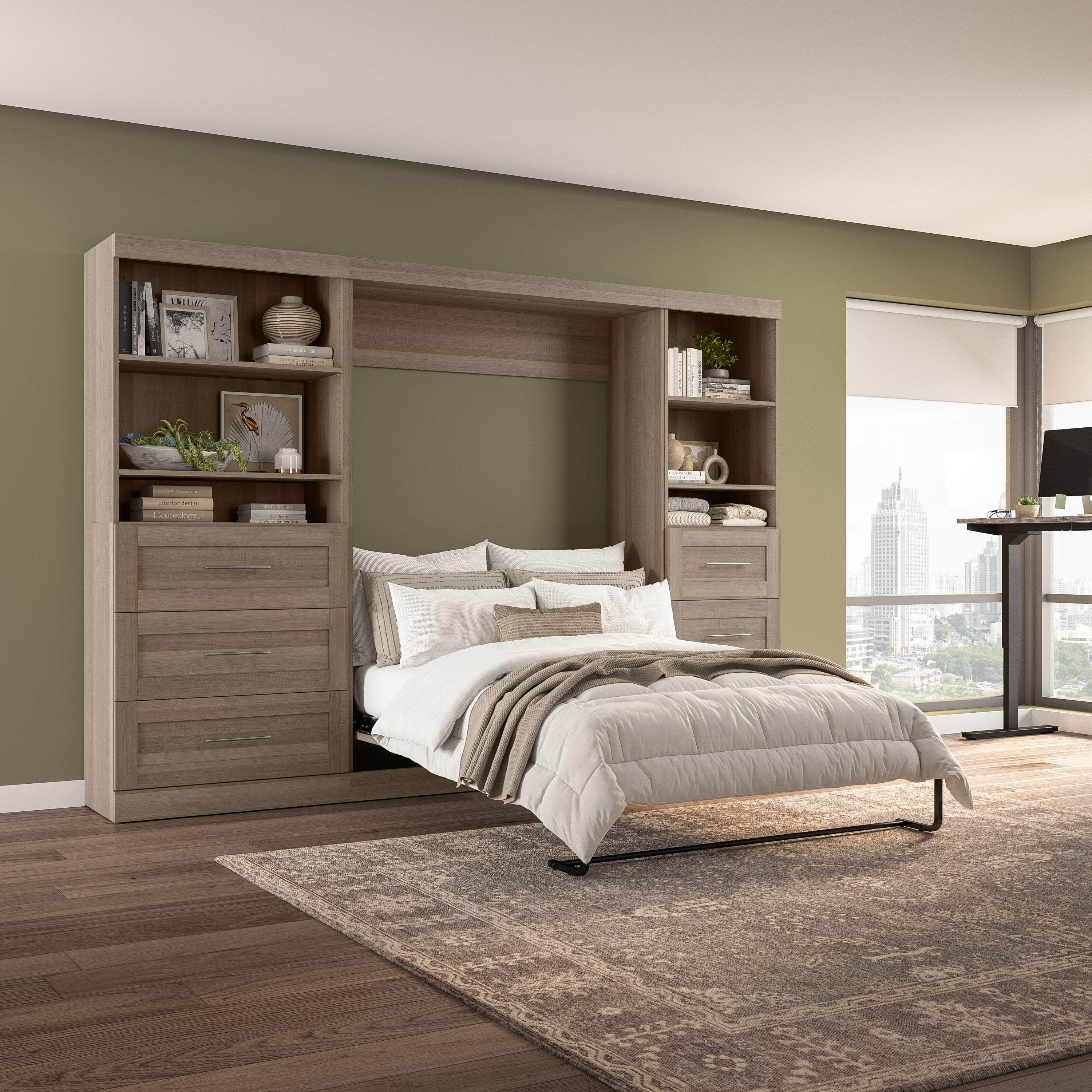 Pur Full Murphy Wall Bed with 2 Storage Units & Drawers (120 Inch) - 5 Color Options | Space-Saving Wall Bed for Small Apartments & Guest Rooms