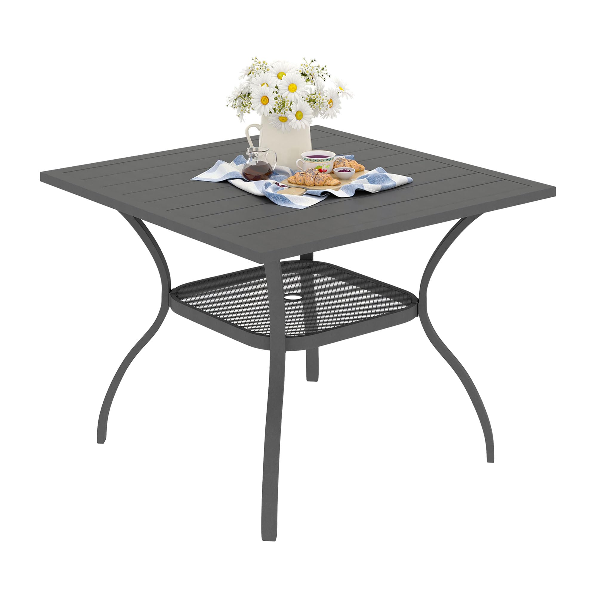 VICLLAX 4-Person Square Metal Outdoor Dining Table with Umbrella Hole & Storage Shelf - Patio, Garden, Lawn, Balcony, Deck Furniture - Dark Grey | Perfect for Backyard BBQs, Poolside Gatherings & Outdoor Entertaining