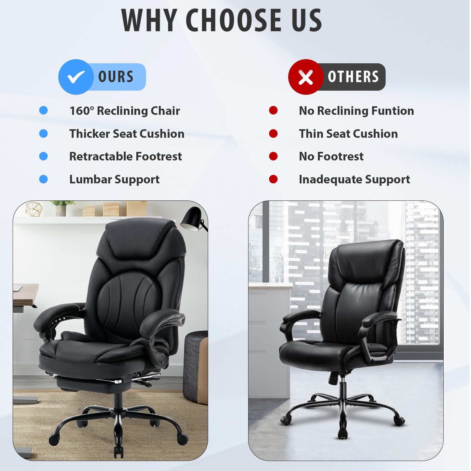 350lbs Heavy Duty Reclining Office Chair with Lumbar Support & Footrest - PU Leather Executive Desk Chair with Wide Seat, Ergonomic Design & Smooth Rolling Wheels - Perfect for Home Office, Gaming & Conference Rooms (Black)