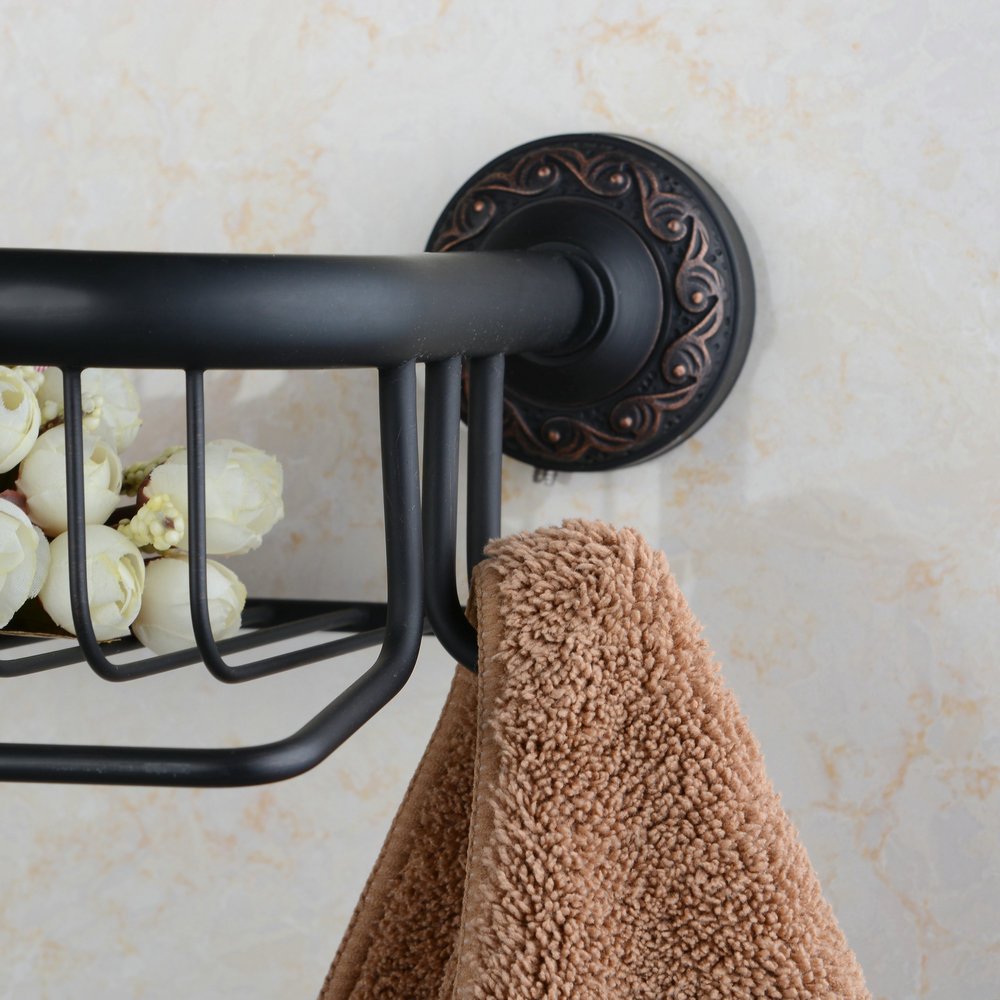 Hiendure® Wall Mounted Solid Brass Bathroom Shelf Organizer with Towel Bar - Oil Rubbed Bronze Finish for Towel Storage & Bathroom Decor - Perfect for Bath, Shower, and Vanity Organization