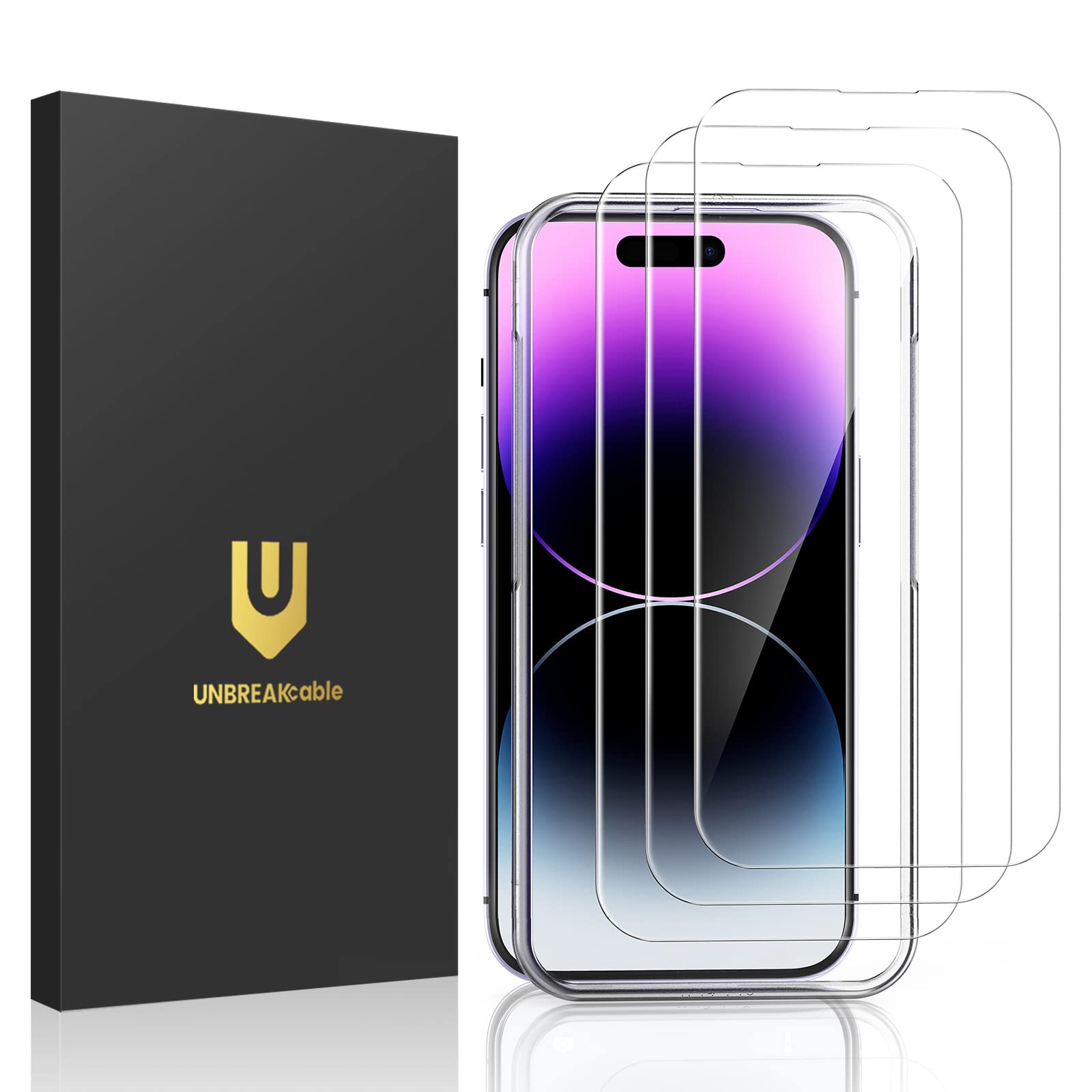 UNBREAKcable 3-Pack Tempered Glass Screen Protector for iPhone 14 Pro Max (6.7 Inch) - 9H Hardness, Shatterproof, HD Clear, Easy Installation Frame, Case Friendly - Perfect for Everyday Use, Travel, and Work Protection