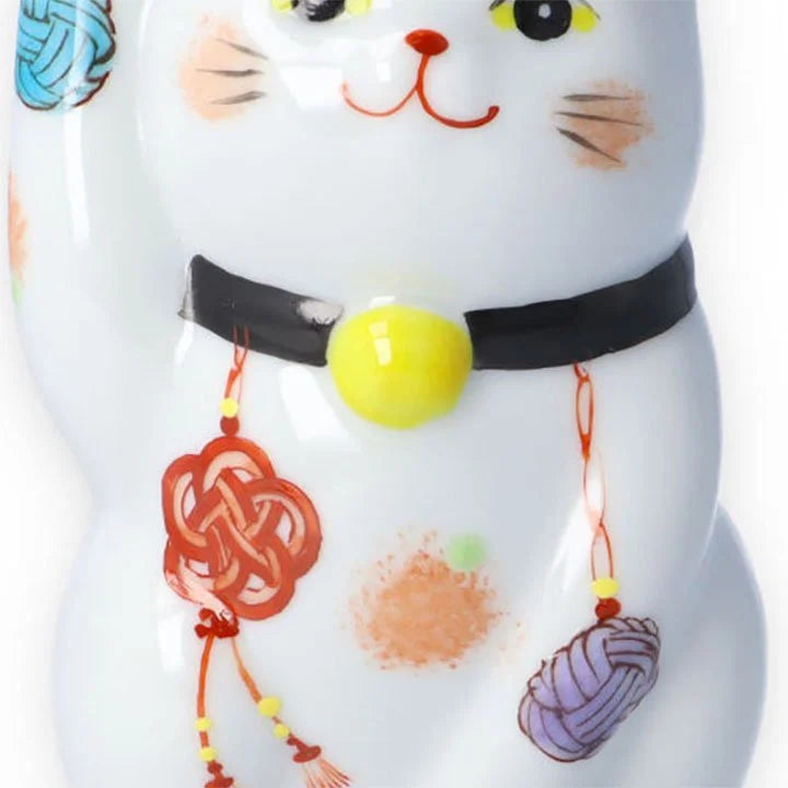 Authentic Japanese Kutani Yaki Maneki Neko Lucky Cat Figurine - Traditional Mizuhiki Decorative Knot Black Ceramic - Perfect for Home Decor, Office Feng Shui & Japanese Culture Collectors