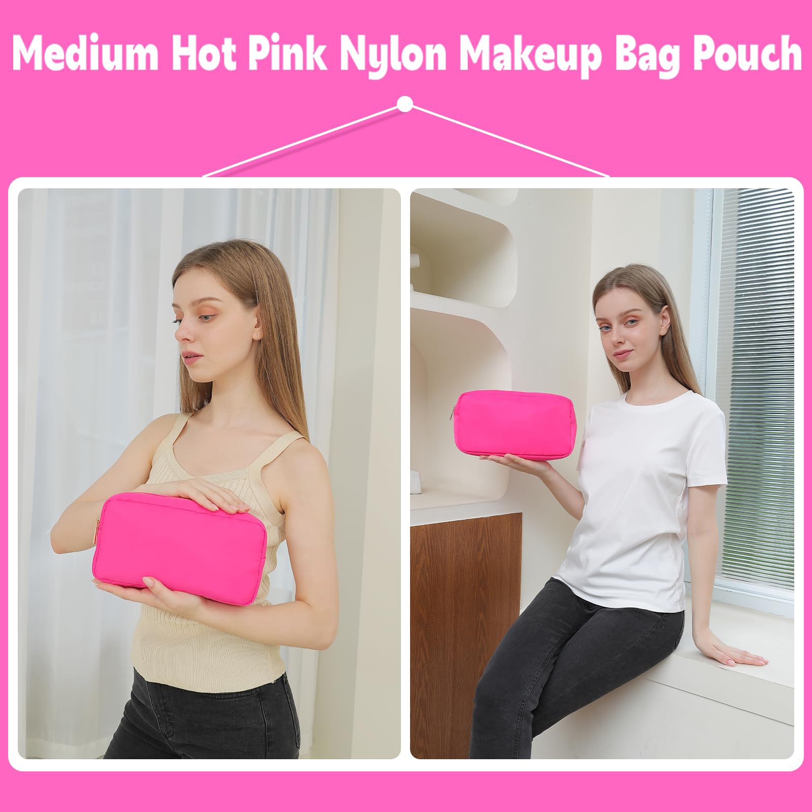 Hot Pink Nylon Cosmetic Pouch with Zipper Pocket - Women's Makeup Bag & Skin Care Organizer for Purse (Medium Size) - Perfect for Travel, Gym & Everyday Essentials Storage