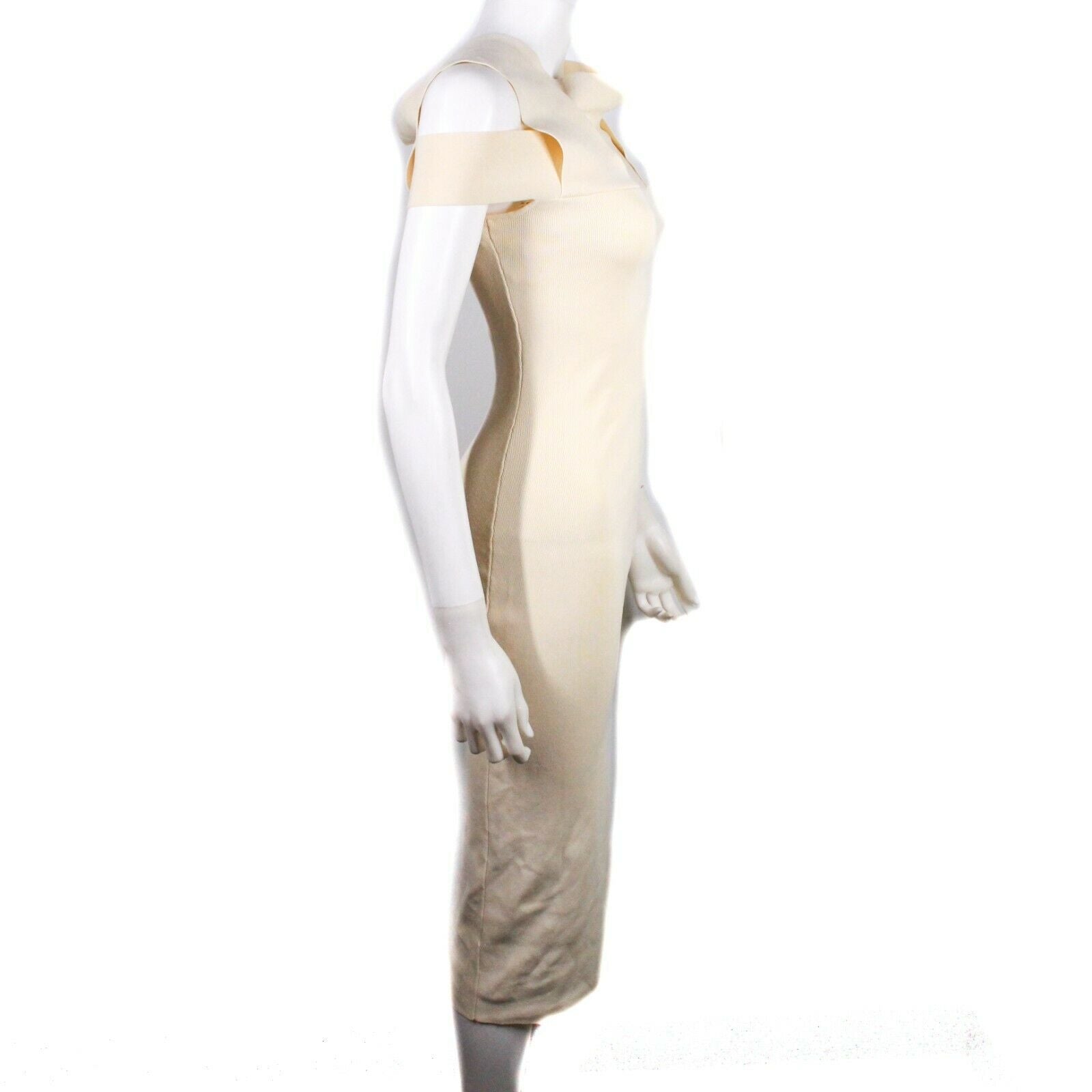 Elegant Cream Ribbed Knit Bodycon Dress with Open Shoulder Design - Perfect for Date Night & Cocktail Parties (US Size M)