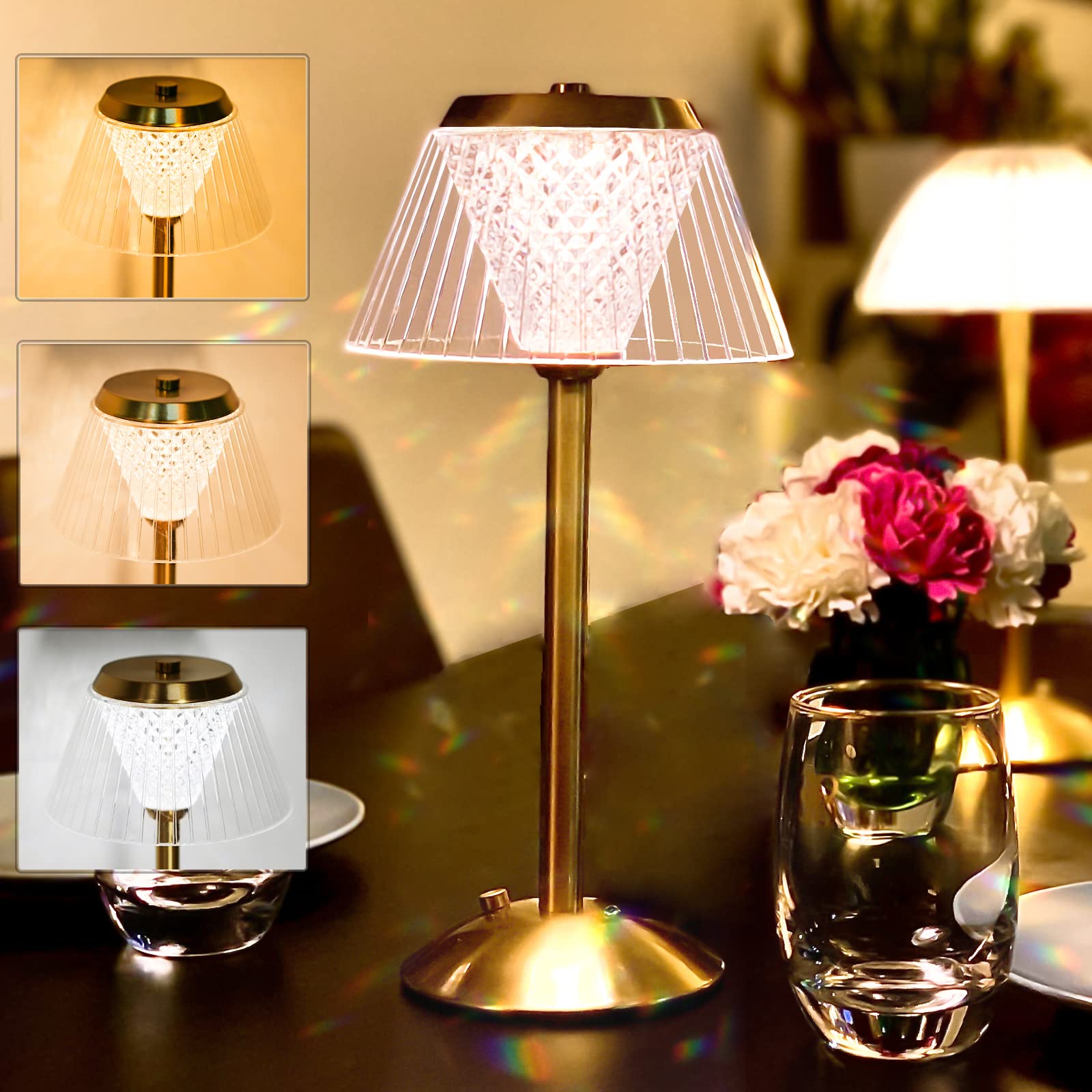 Portable Cordless LED Table Lamp with Touch Sensor - 3 Color Dimmable & Adjustable Brightness, Rechargeable Gold Brass Desk Lamp for Nightstand, Living Room, Bedroom - Perfect for Reading, Working & Relaxing at Home