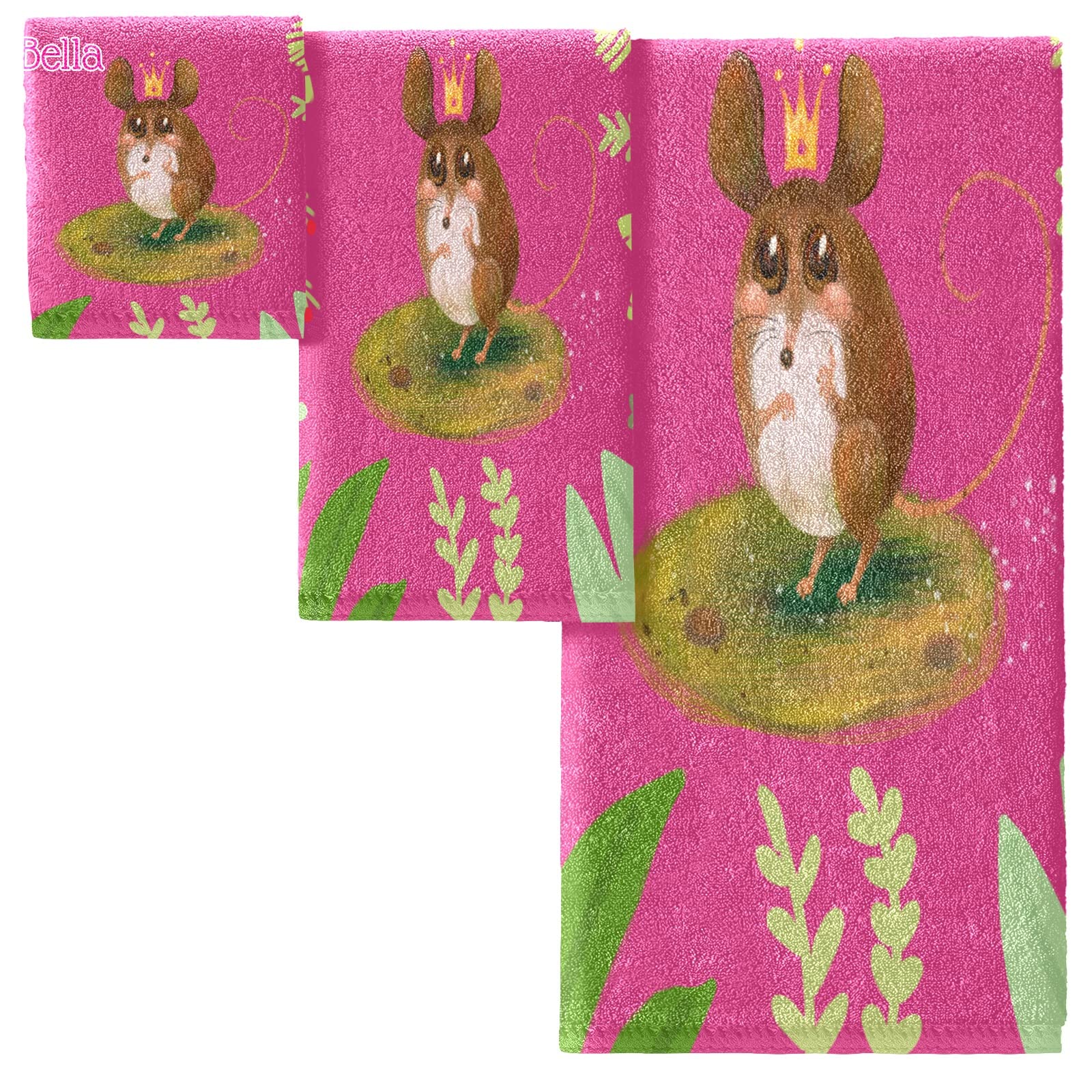 Personalized Custom Bath Towel Set of 3 - Funny Mouse Rose Red Design | 1 Beach Towel, 1 Hand Towel, 1 Washcloth with Names | Perfect Wedding Gift, Bathroom Decor & Spa Accessories