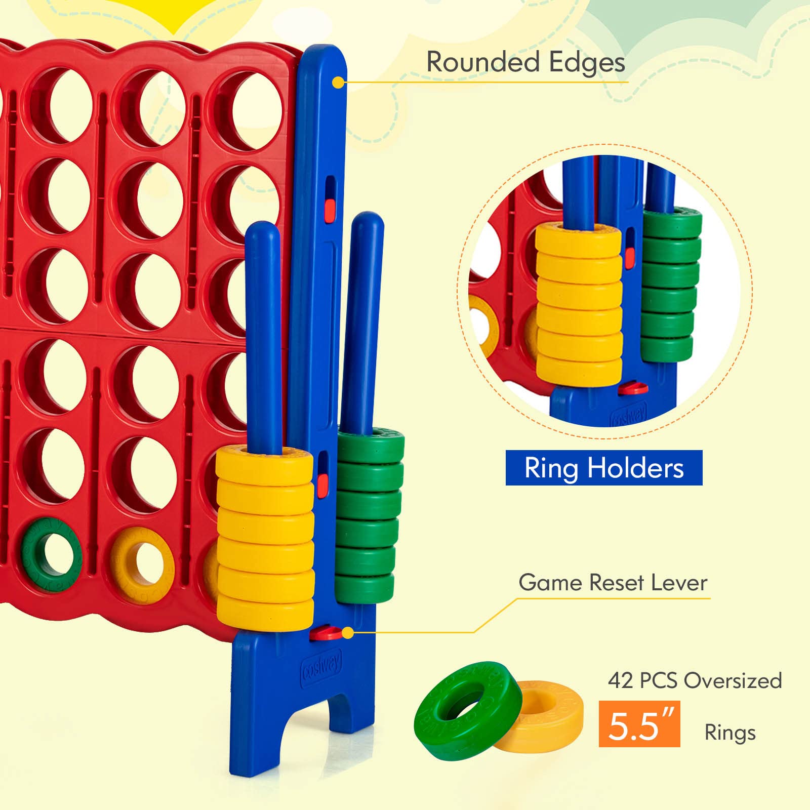 HONEY JOY Jumbo 4-to-Score Giant Game Set - Outdoor Yard Games for Family & Friends - 42 Large Rings with Quick-Release Slider - 3.5FT Tall 4-in-A-Row Connect Game for Kids & Adults - Perfect for Backyard Parties, Picnics, and Outdoor Gatherings