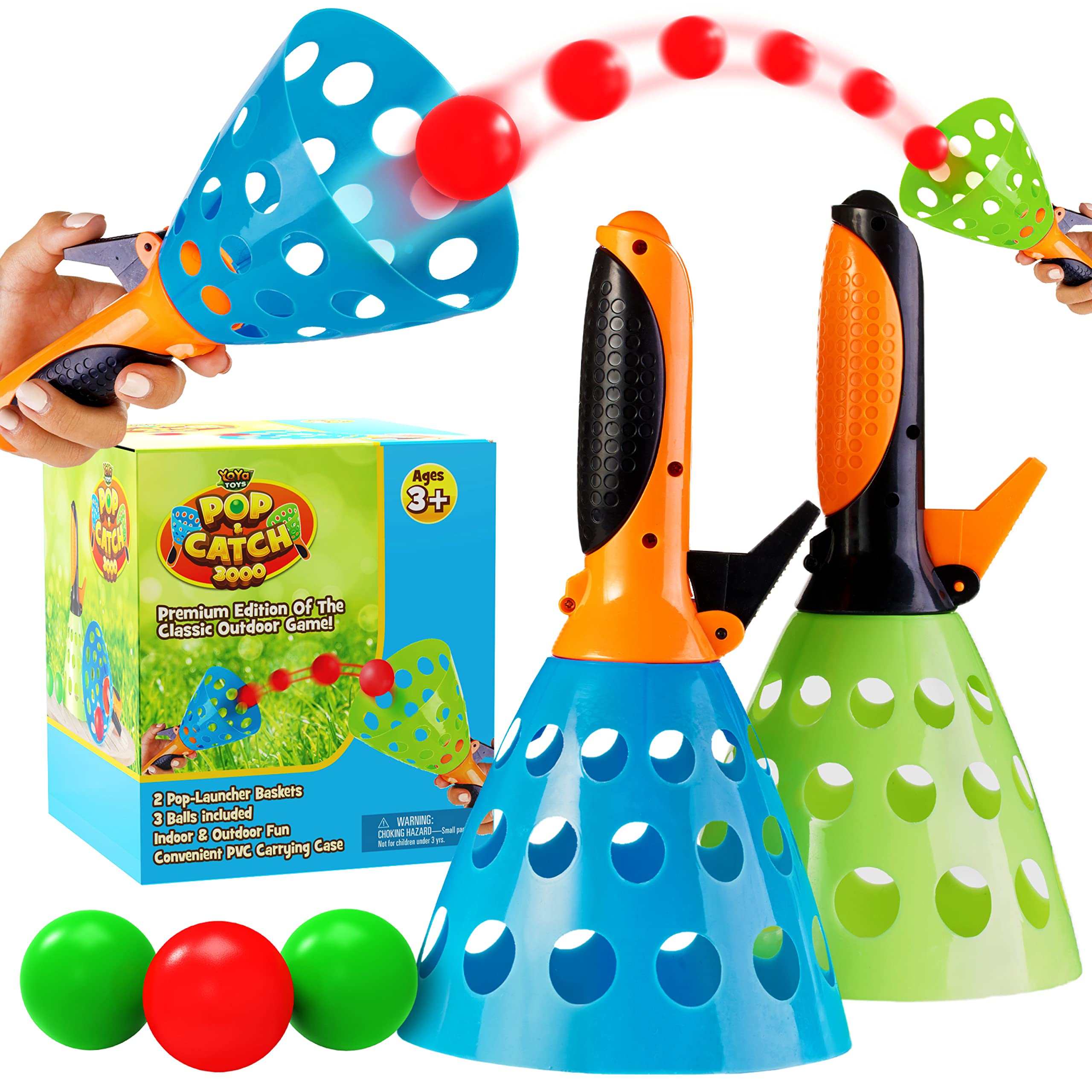 YoYa Toys Pop and Catch Ball Game Set for Kids Ages 8-12 - Outdoor Sports Toys with 2 Launcher Baskets, 3 Balls & PVC Storage Bag - Fun Backyard, Beach & Camping Activities for Family Parties & Outdoor Play