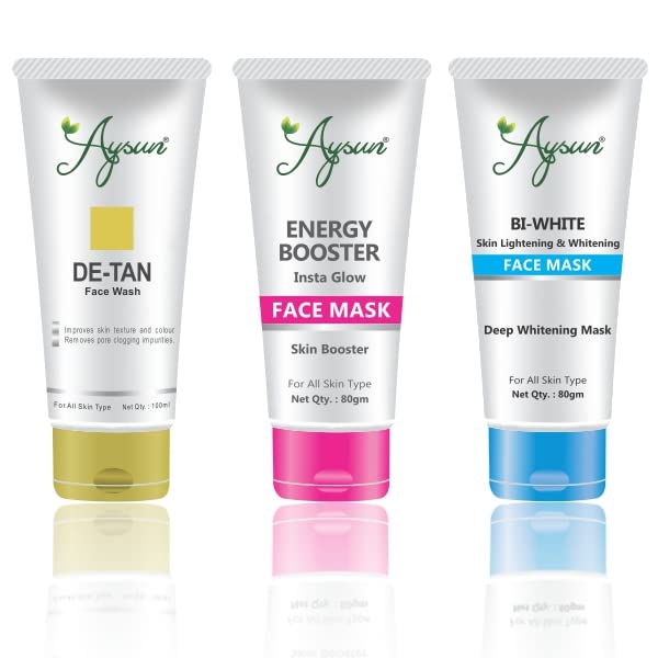 Aysun De-Tan Face Wash & Energy Booster Face Mask + Bi-White Brightening Mask 3-Piece Skincare Set - For Glowing Skin, Dark Spot Removal & Daily Facial Care