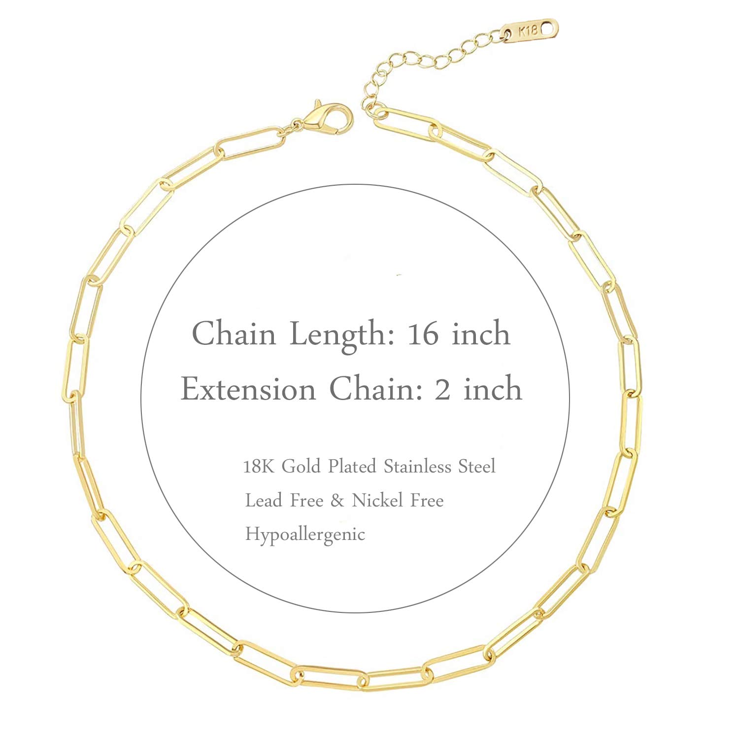 18K Gold Plated Stainless Steel Paperclip Link Chain Necklace & Bracelet Set for Women - Chunky Choker & Cuff Bracelet - Perfect for Parties, Dating & Everyday Wear