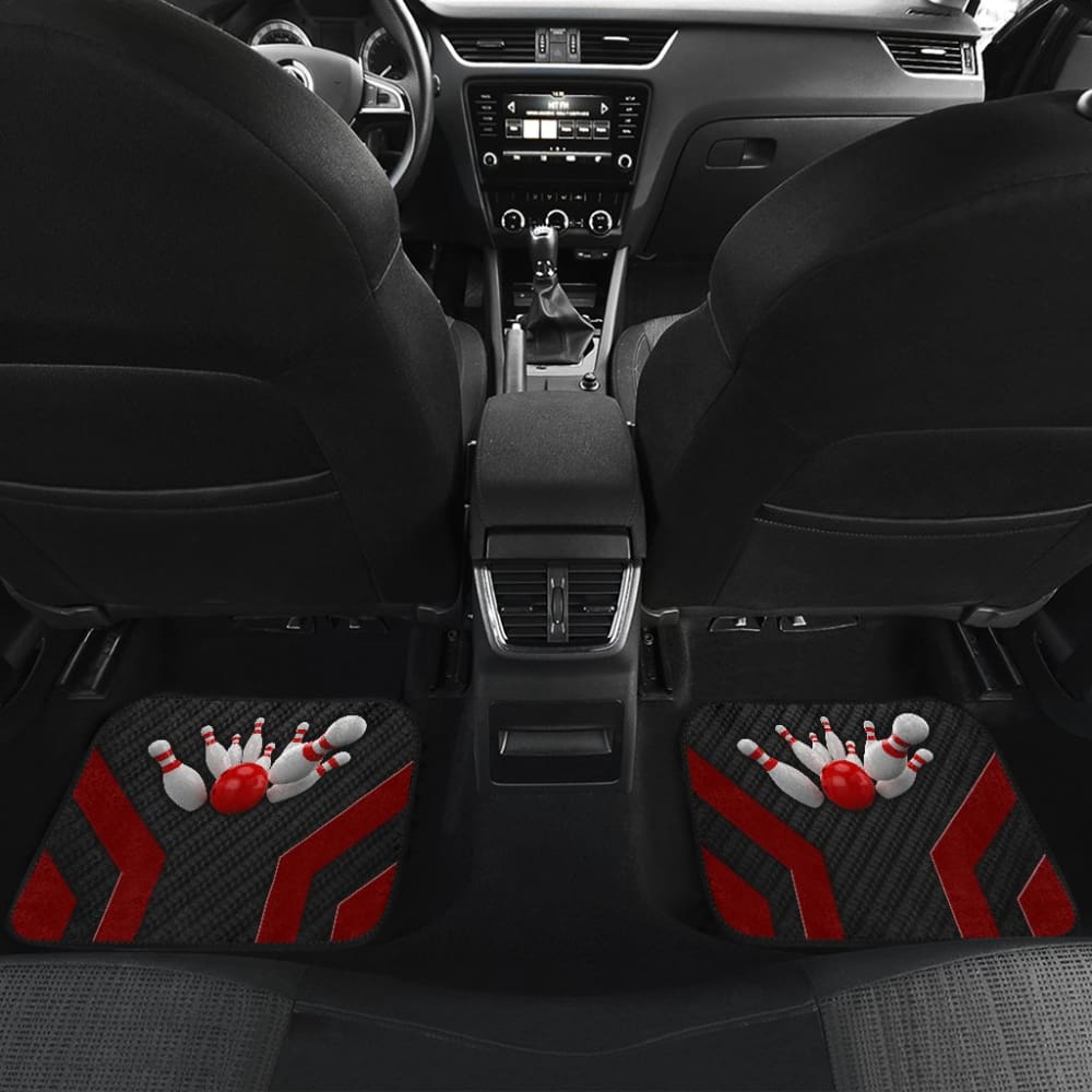 Premium Bowling Themed Car Floor Mats - Metallic Black & Red Design, Non-Slip Rubber Backing for All Weather Protection | Perfect for Sports Enthusiasts & Bowling Fans