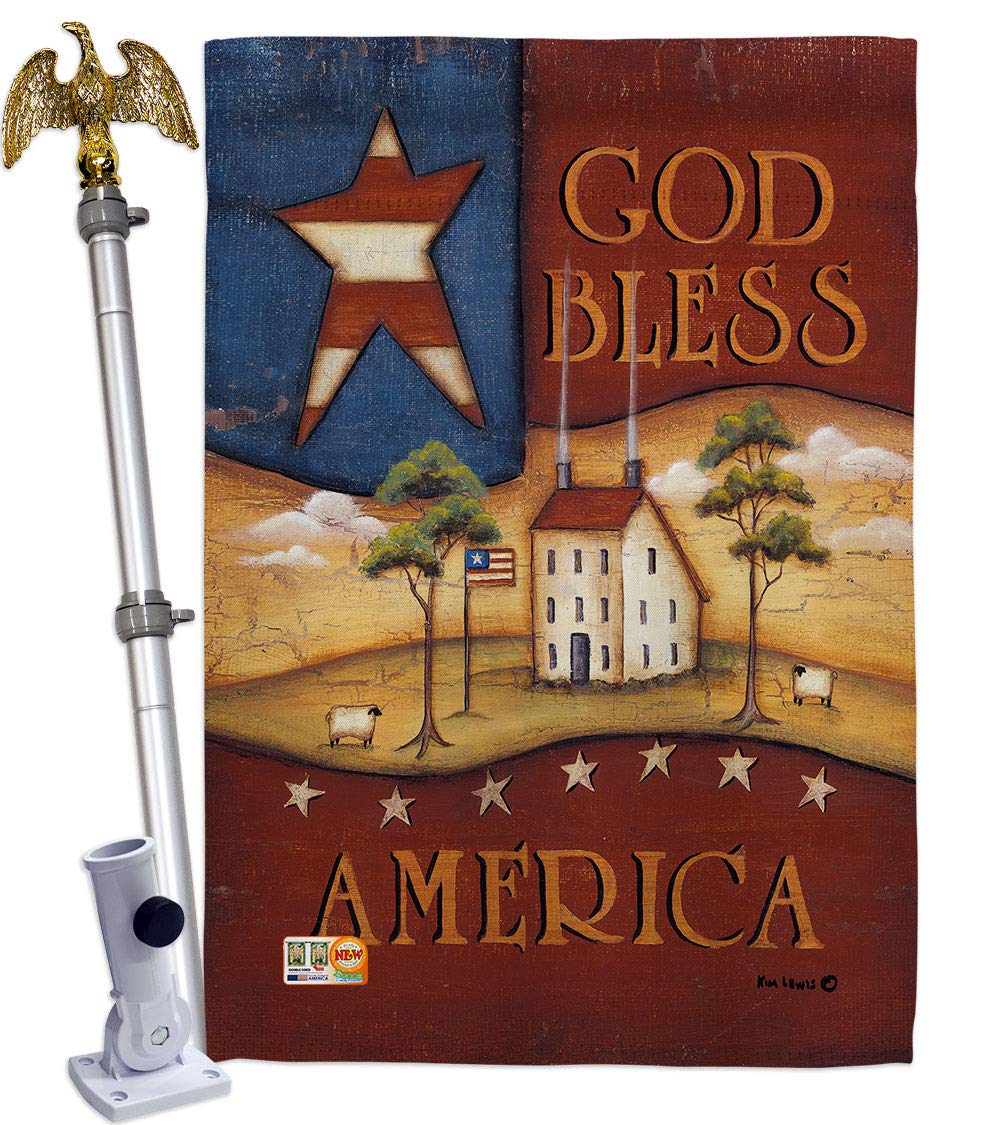 God Bless America Patriotic House Flag Set 28x40 with Pole - Outdoor Decor