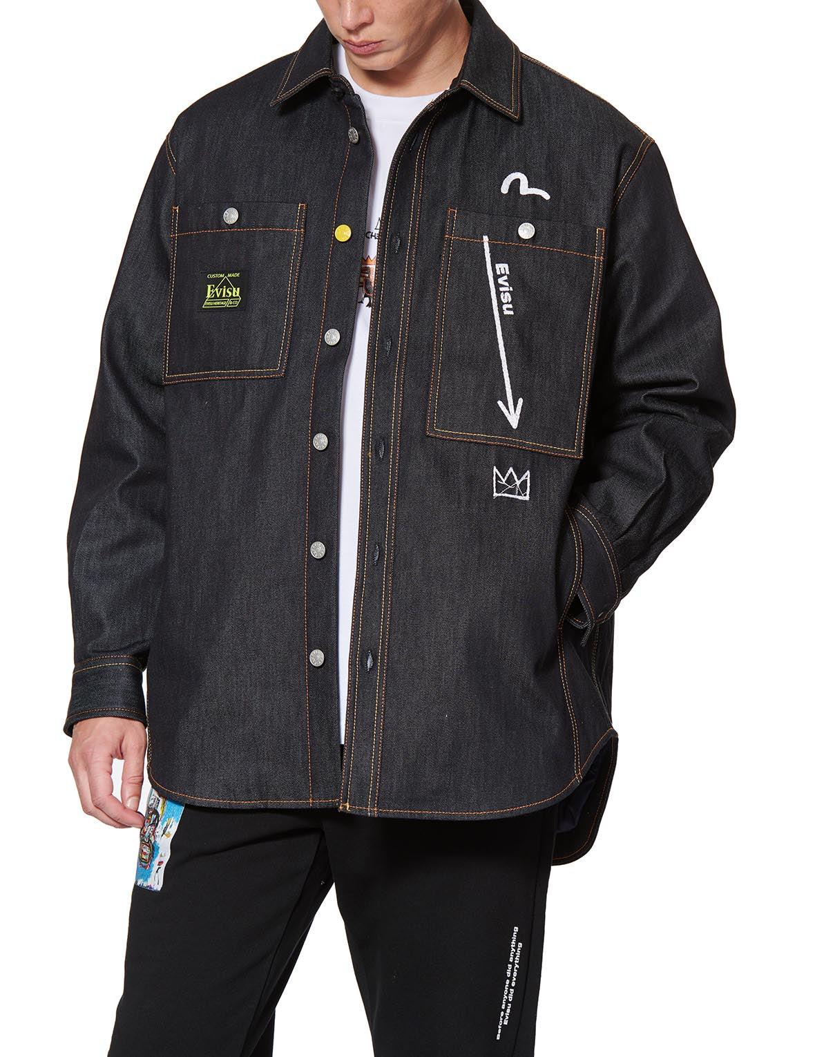 EVISU x Jean Michel Basquiat Untitled Denim Shirt Jacket - Vintage Streetwear Fashion for Men & Women | Perfect for Casual Outfits, Music Festivals & Urban Style