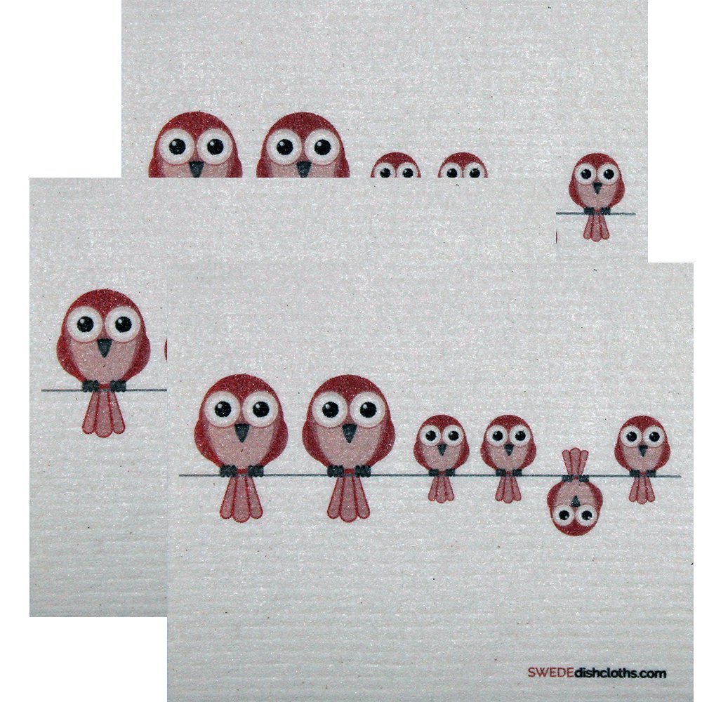 Eco-Friendly Swedish Dishcloth Set of 3 - Absorbent, Reusable Cleaning Cloths with Redbirds on Wire Design | Perfect for Kitchen, Bathroom & Household Cleaning | Sustainable Alternative to Paper Towels