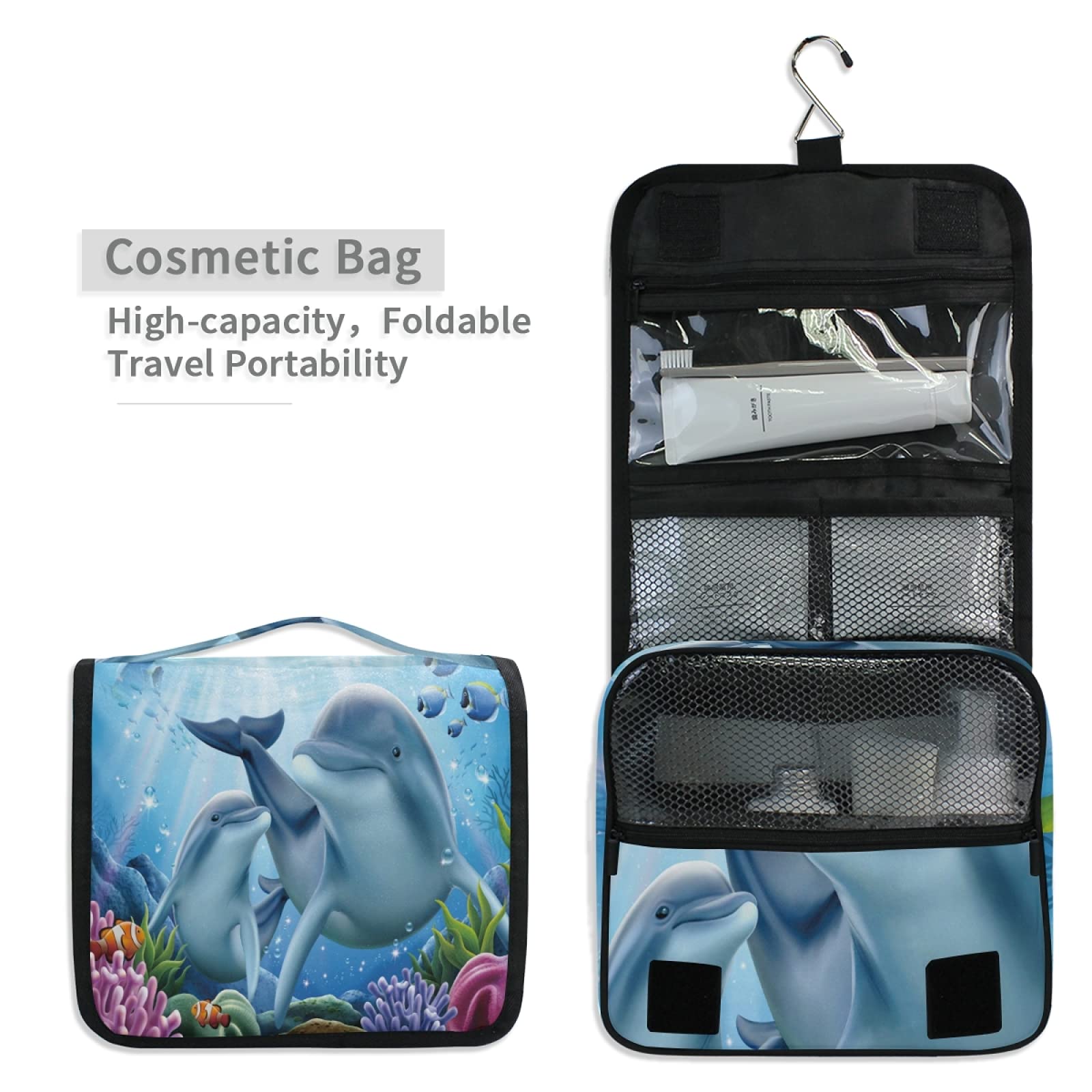 Moyyo Cute Dolphin Family Travel Toiletry Bag - Hanging Waterproof Cosmetic Organizer for Women, Girls & Kids - Perfect for Gym, Camping, Beach & Vacation Trips