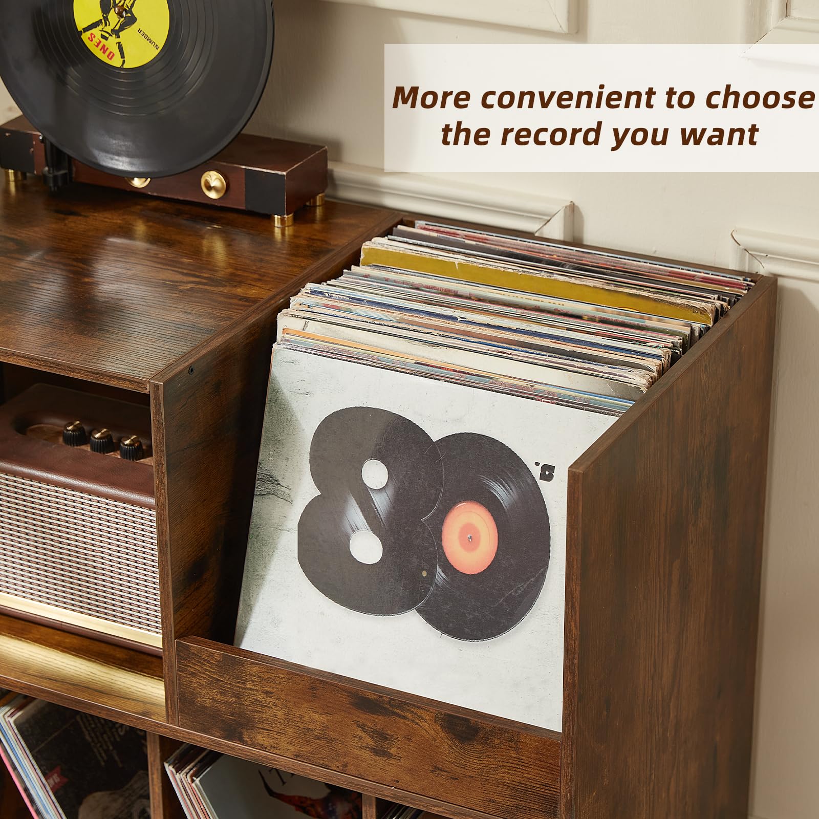 LELELINKY Large Wooden Record Player Stand with Storage - Holds 300 Vinyl Albums, Turntable Display Shelf for Living Room & Music Room - Perfect for Vinyl Collectors & Audiophiles (Brown)