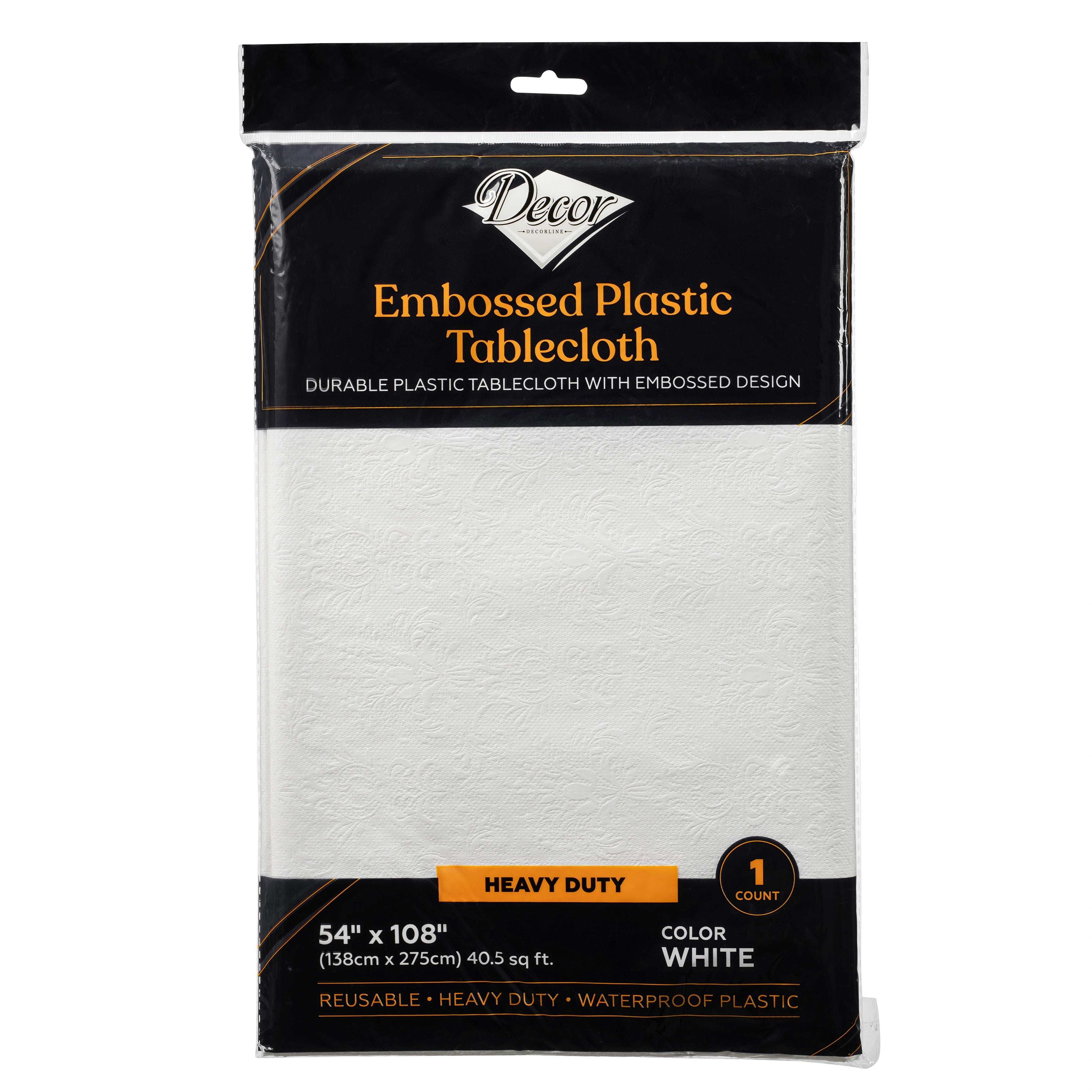 54x108 Inch White Embossed Plastic Tablecloth - Waterproof & Durable for Parties, Picnics, and Outdoor Dining