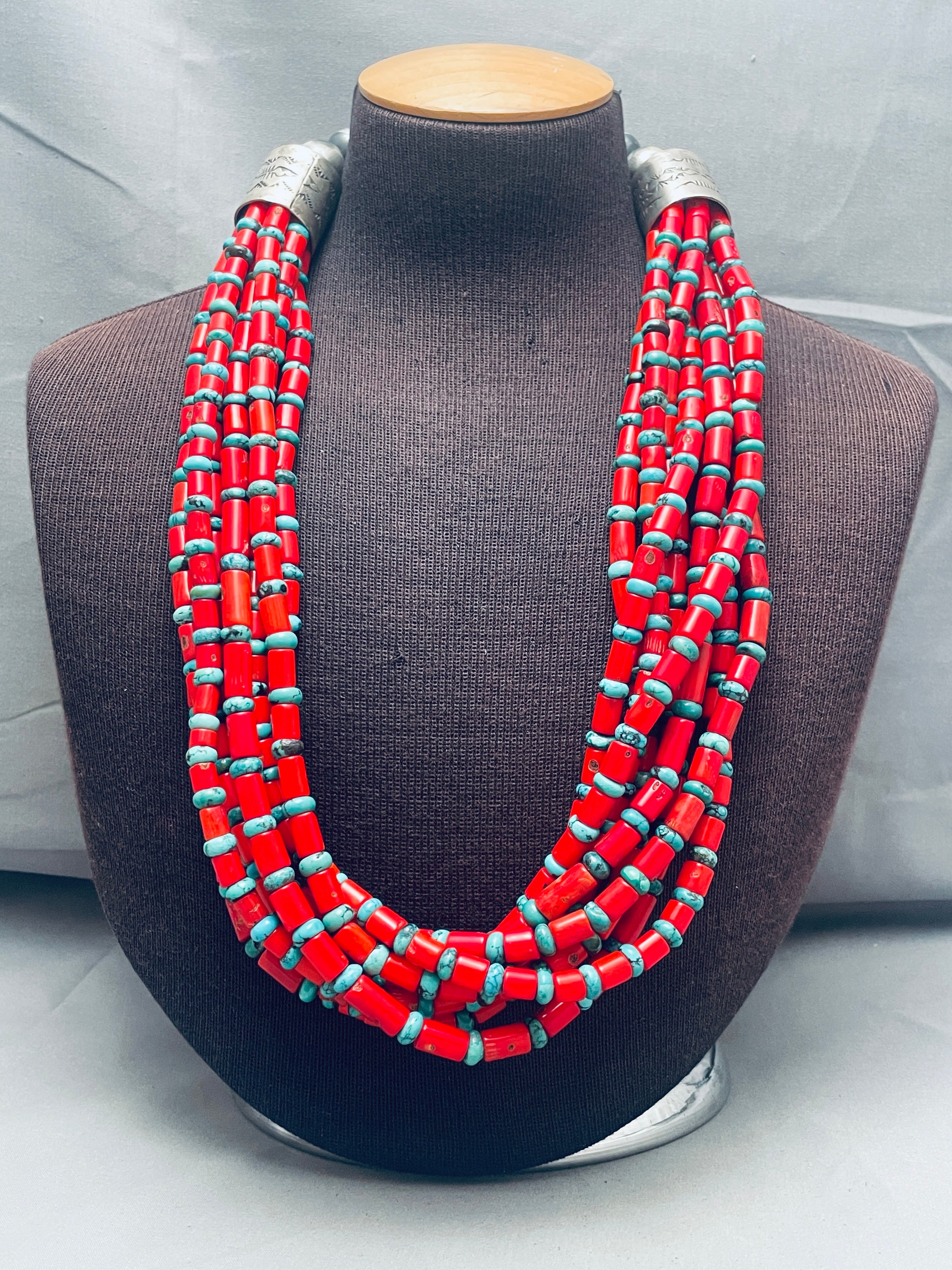 471g Genuine Coral & Navajo Turquoise Sterling Silver Necklace for Women – Handmade Southwest Jewelry, Perfect for Boho, Festivals & Special Occasions