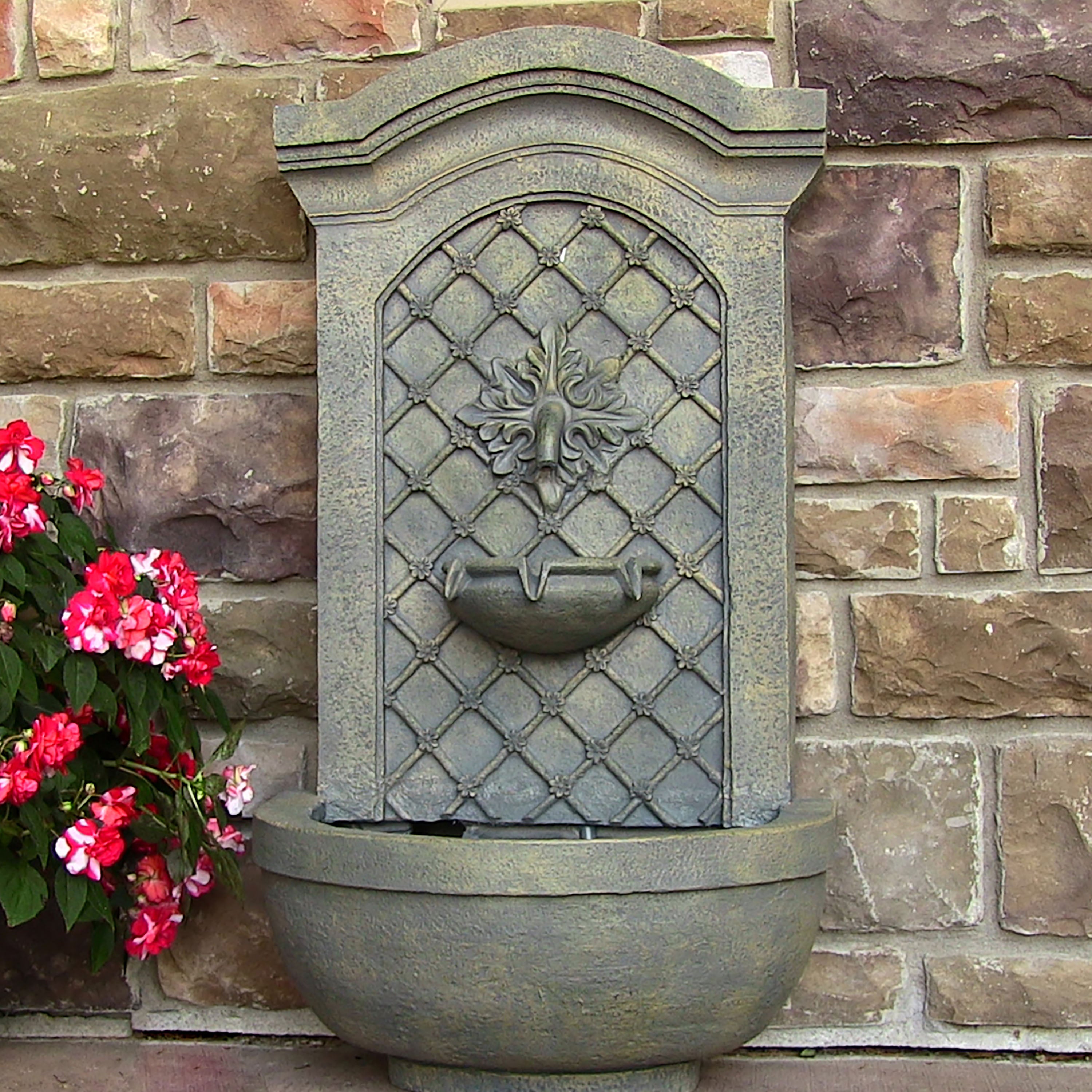 Sunnydaze Rosette Solar Wall Fountain with Battery Backup - Outdoor Garden Water Feature for Patio, Yard & Landscape Decoration