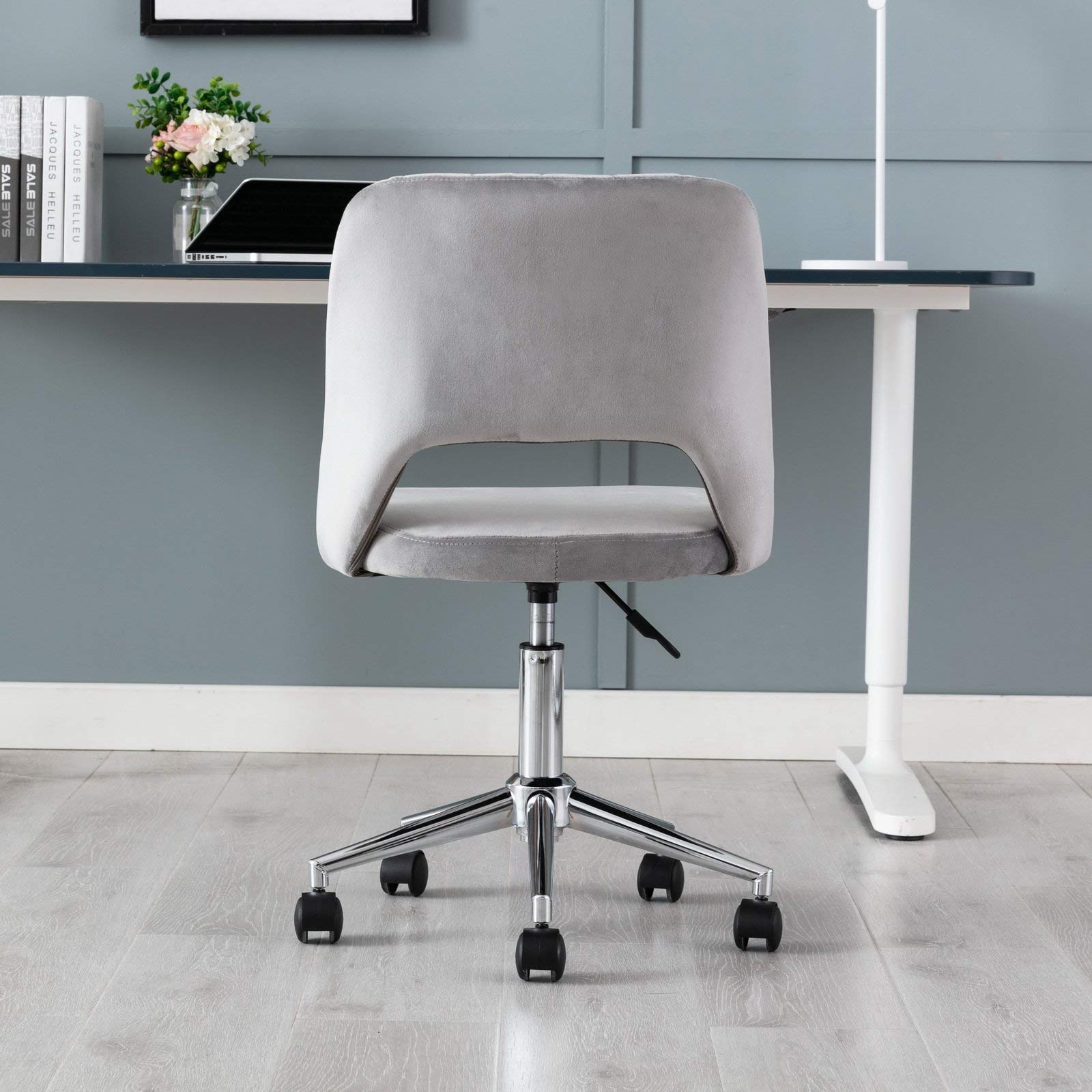 Wahson Grey Velvet Office Chair with Wheels - Swivel Task Chair for Home Office, Vanity Desk & Study - Ergonomic Rolling Computer Chair for Work & Gaming