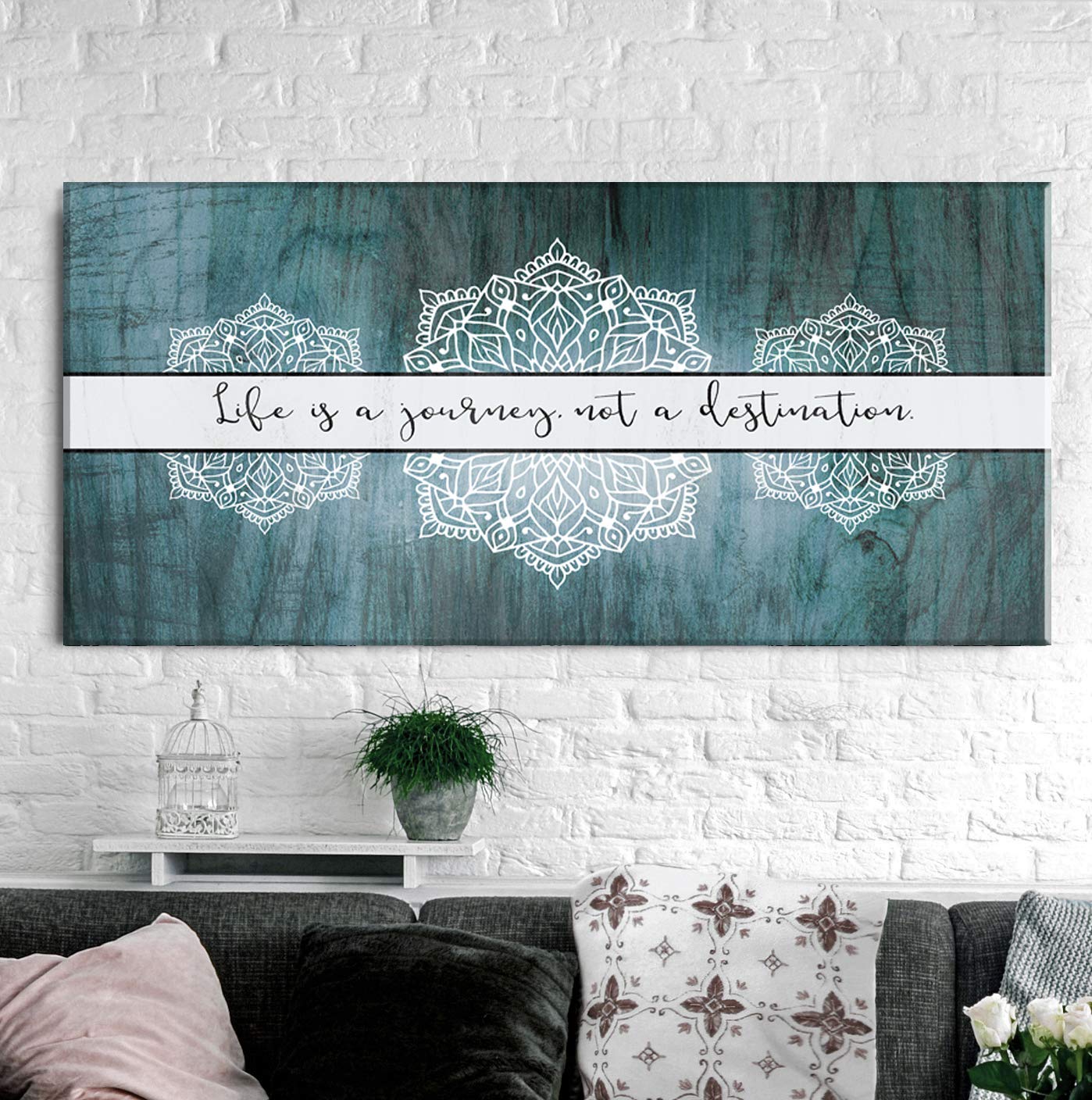 Boho Life Is A Journey Sign - Large Bohemian Floral Canvas Wall Art for Bedroom Decor | Modern Framed Poster with Teal Background (60x27 inches) | Perfect for Living Room, Nursery & Boho Style Home Decoration