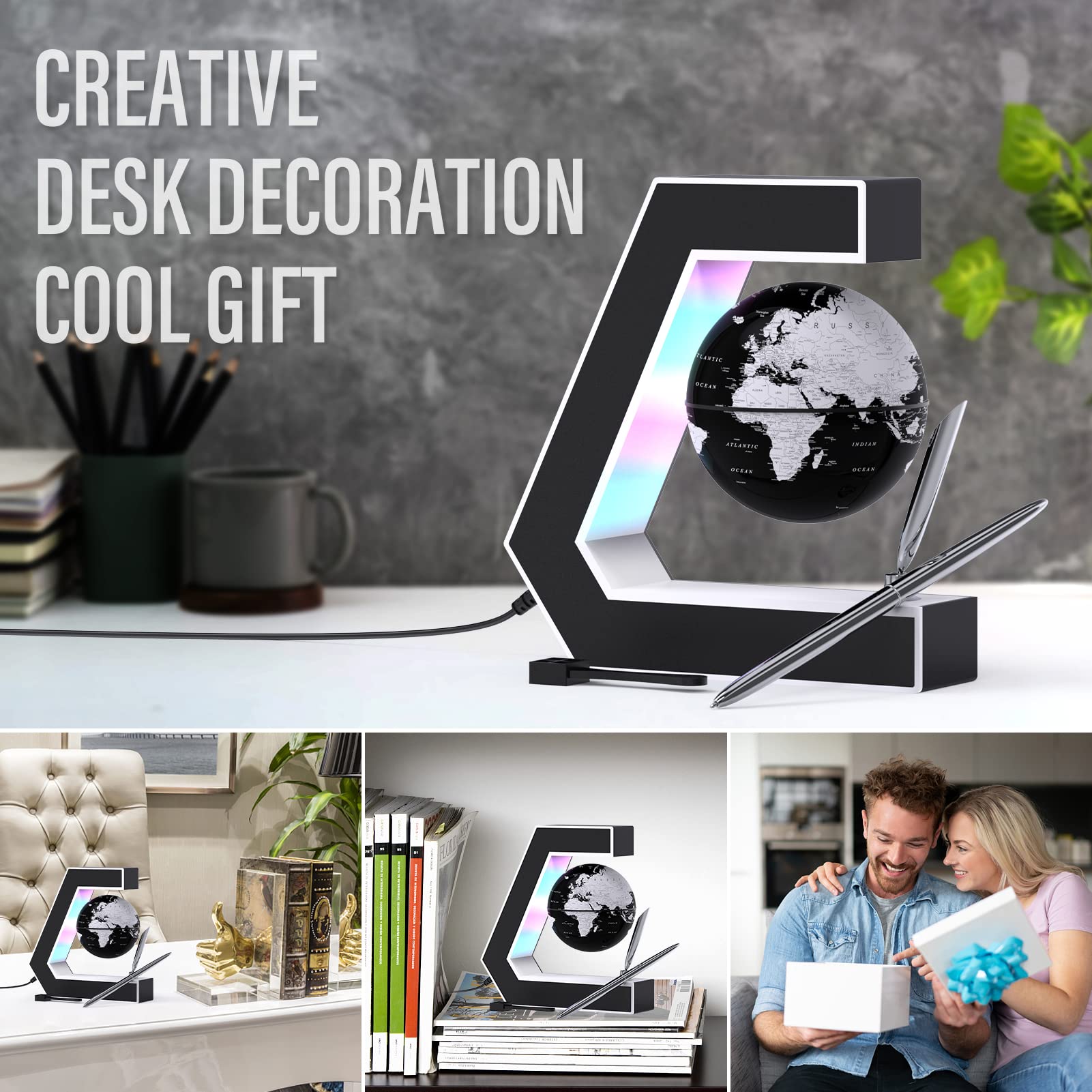 Magnetic Levitation Floating Globe with LED Lights - Portable World Map Desk Decor for Office, Home & Gifts | Write with Included Pen for Study, Travel Planning & Geography Learning