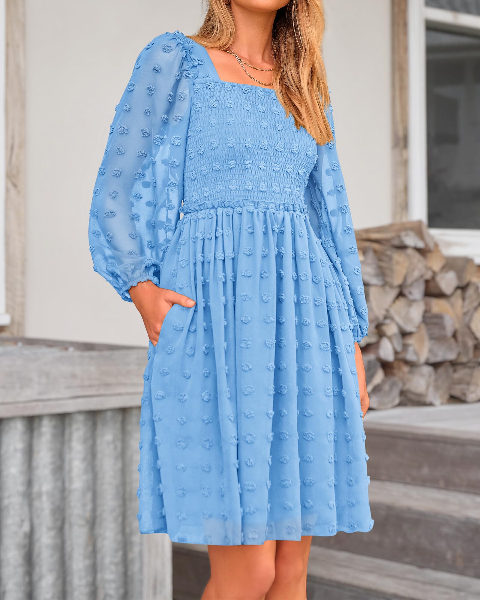 BTFBM Women's Square Neck Smocked Floral Swiss Dot Mini Dress - Long Sleeve Boho Wedding Guest Dress for Spring Summer 2025 | Perfect for Garden Parties, Bridal Showers & Casual Events