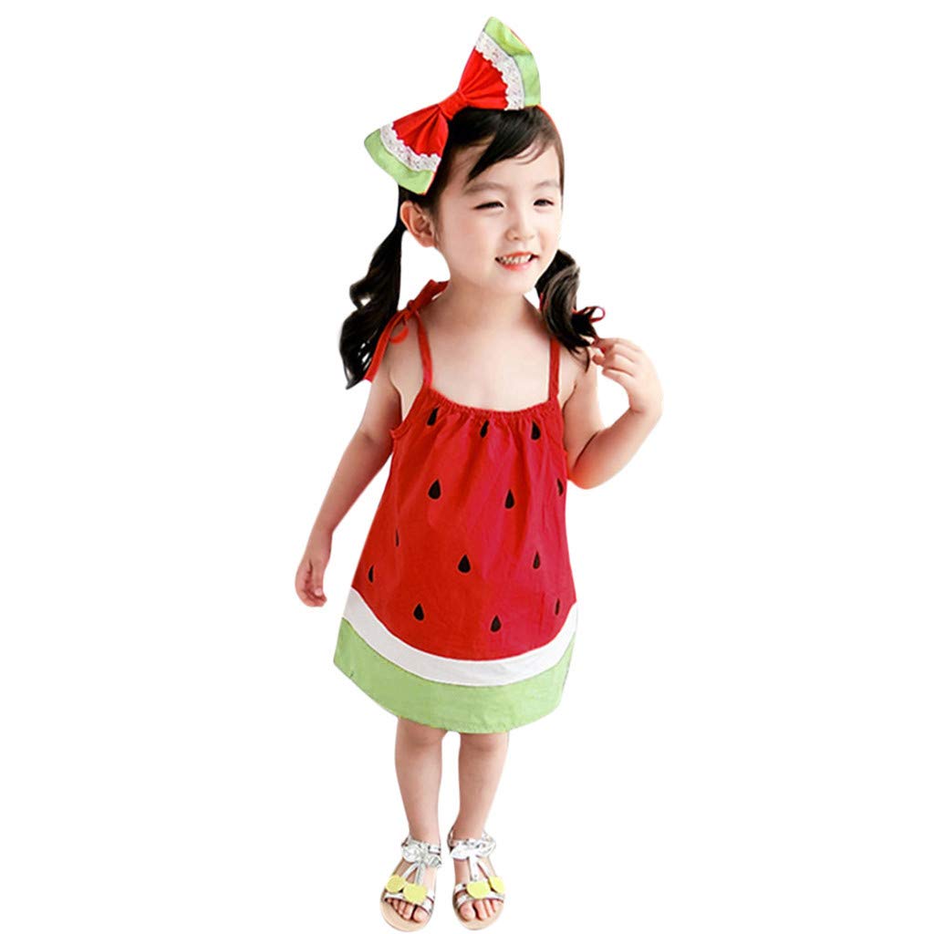 Jinjin Candy Cane Toddler Dress | Watermelon Print Girls Slip Dress with Baby Ribbons | White Pageant Dress for Beach, Party & Special Occasions