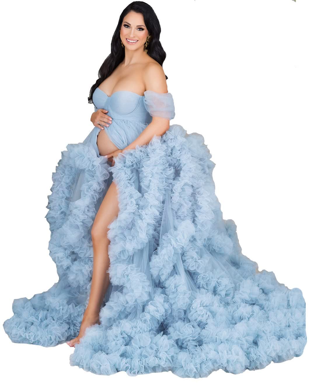 Elegant Women's Tulle Maternity Gown - Sheer Ruffled Photoshoot Dress for Baby Shower, Bridal Lingerie & Bathrobe | Perfect for Maternity Photos, Bridal Showers & Special Occasions