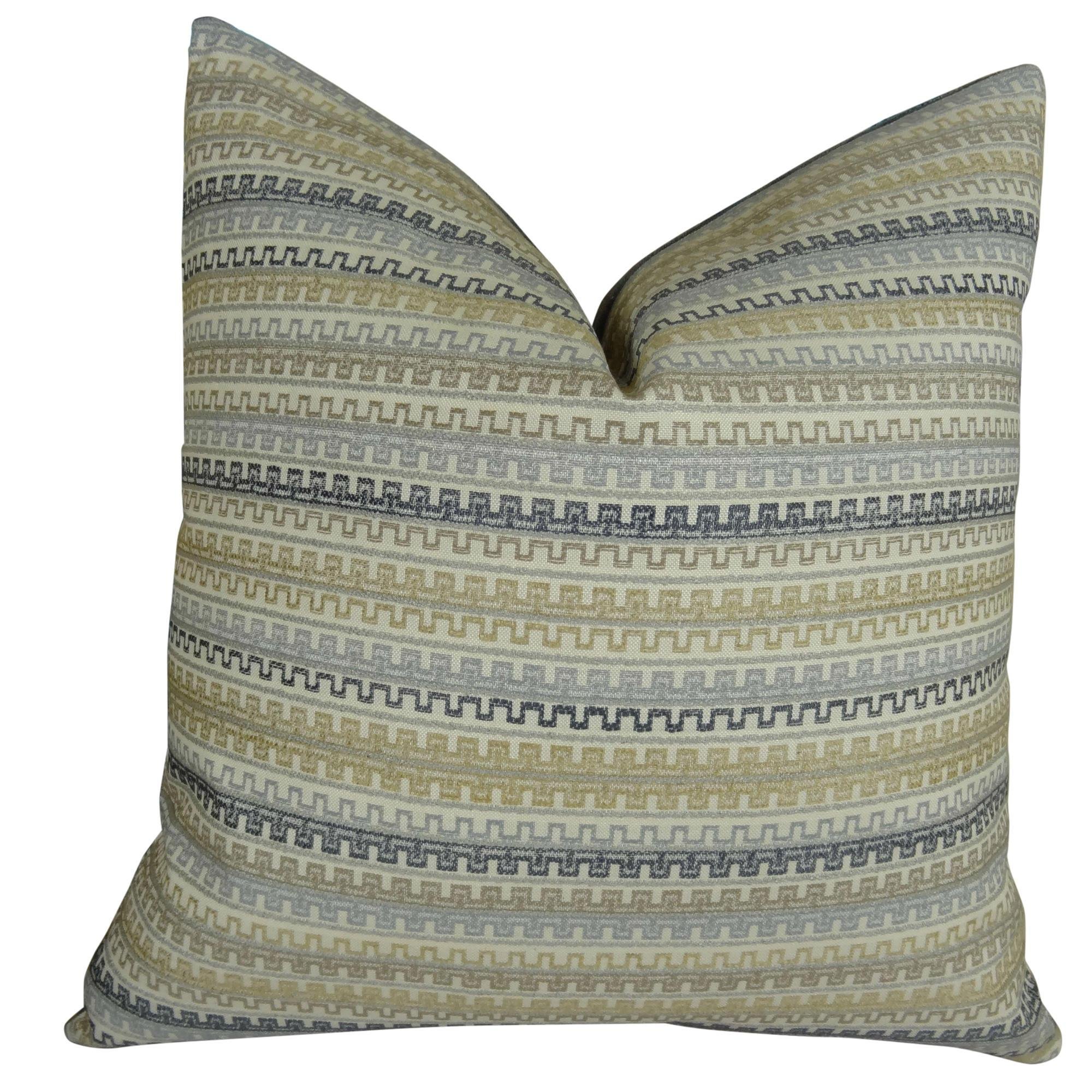 Blue Gray Chevron Throw Pillow - Handmade Geometric Greek Key Decorative Pillow in Taupe & Cream | USA Made Home Decor for Sofa, Bed & Living Room